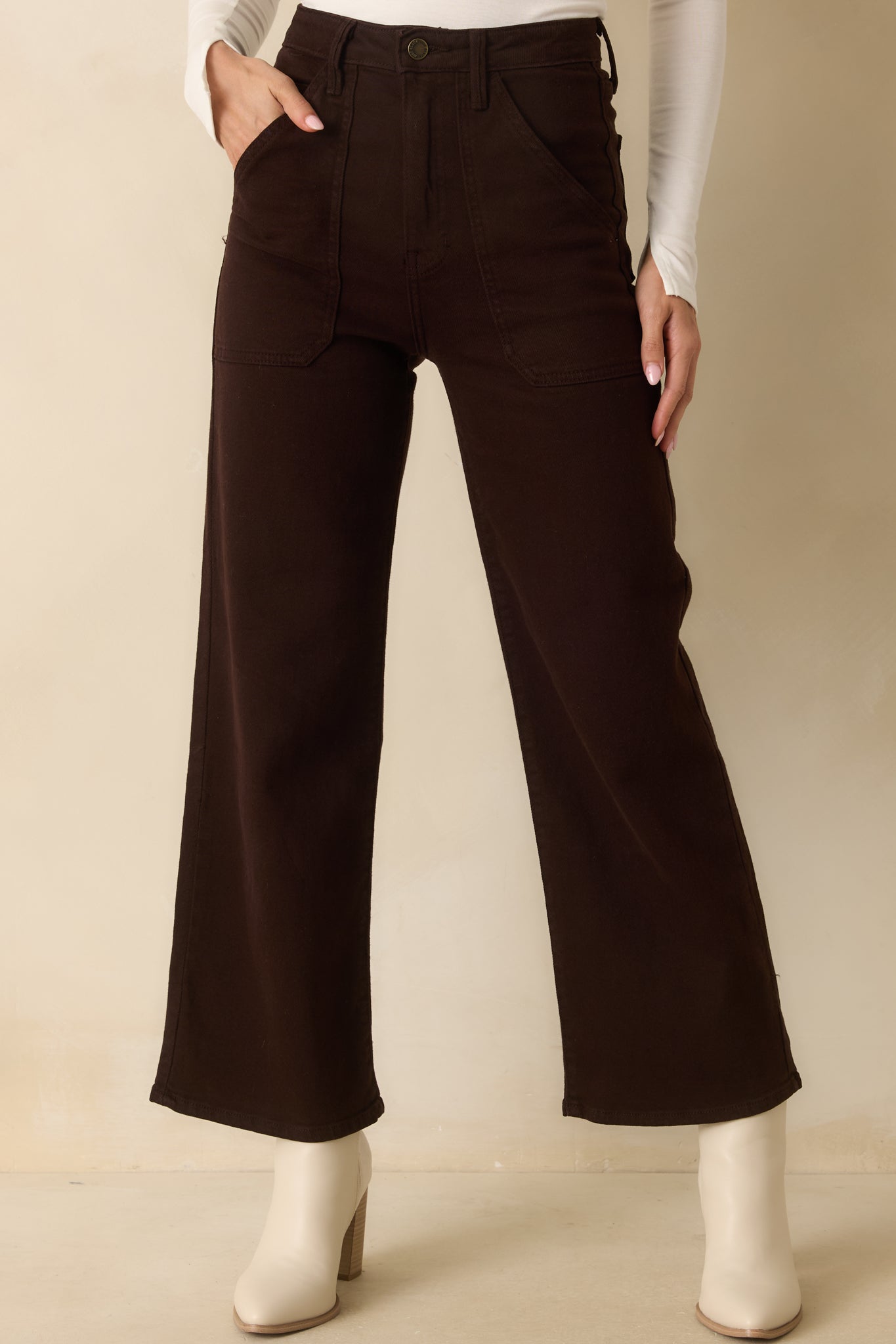 A cropped front shot highlighting the wide leg cut and smooth front panel.