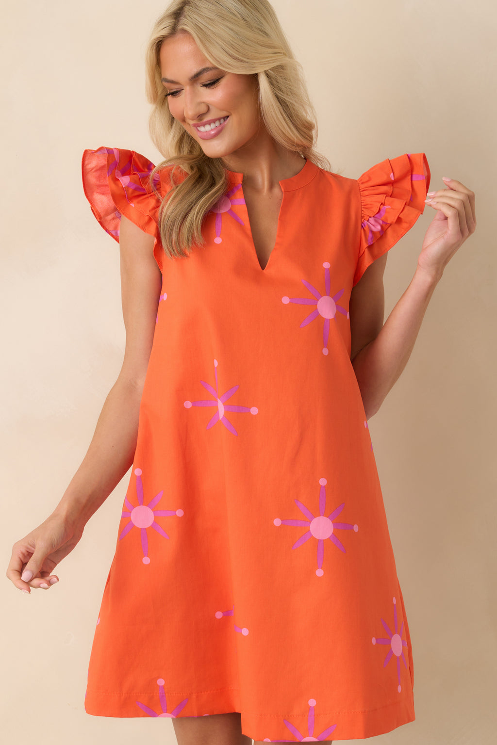 orange cotton dress Orange Floral Cotton Flutter Sleeve Dress - Mini Dresses