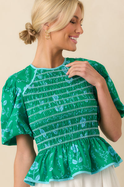Kelly Green Floral Print Cotton Peplum Top - Casual Tops | Red Dress