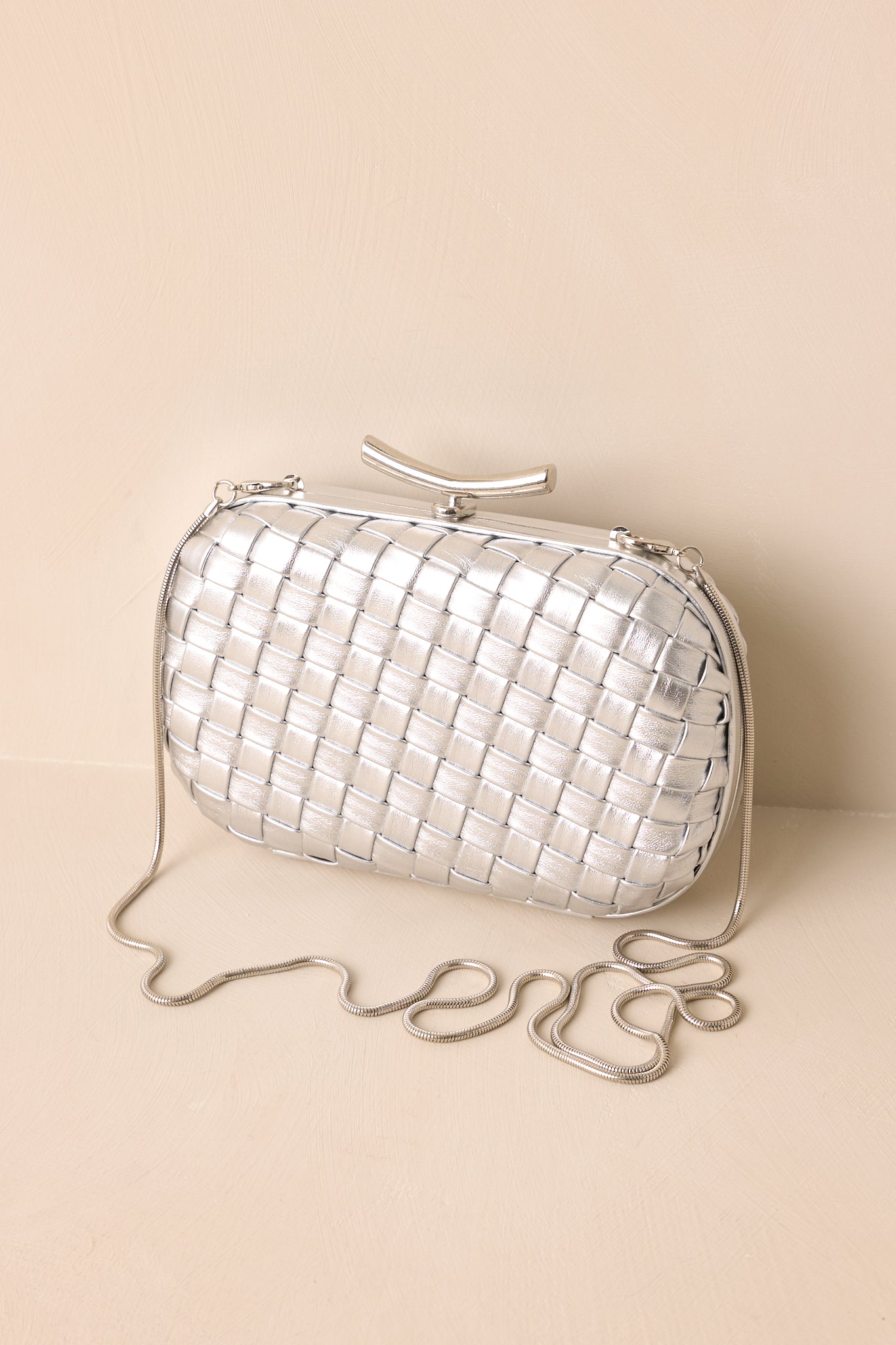 A cropped angled shot focusing on the metallic woven exterior texture and optional snake chain strap. 