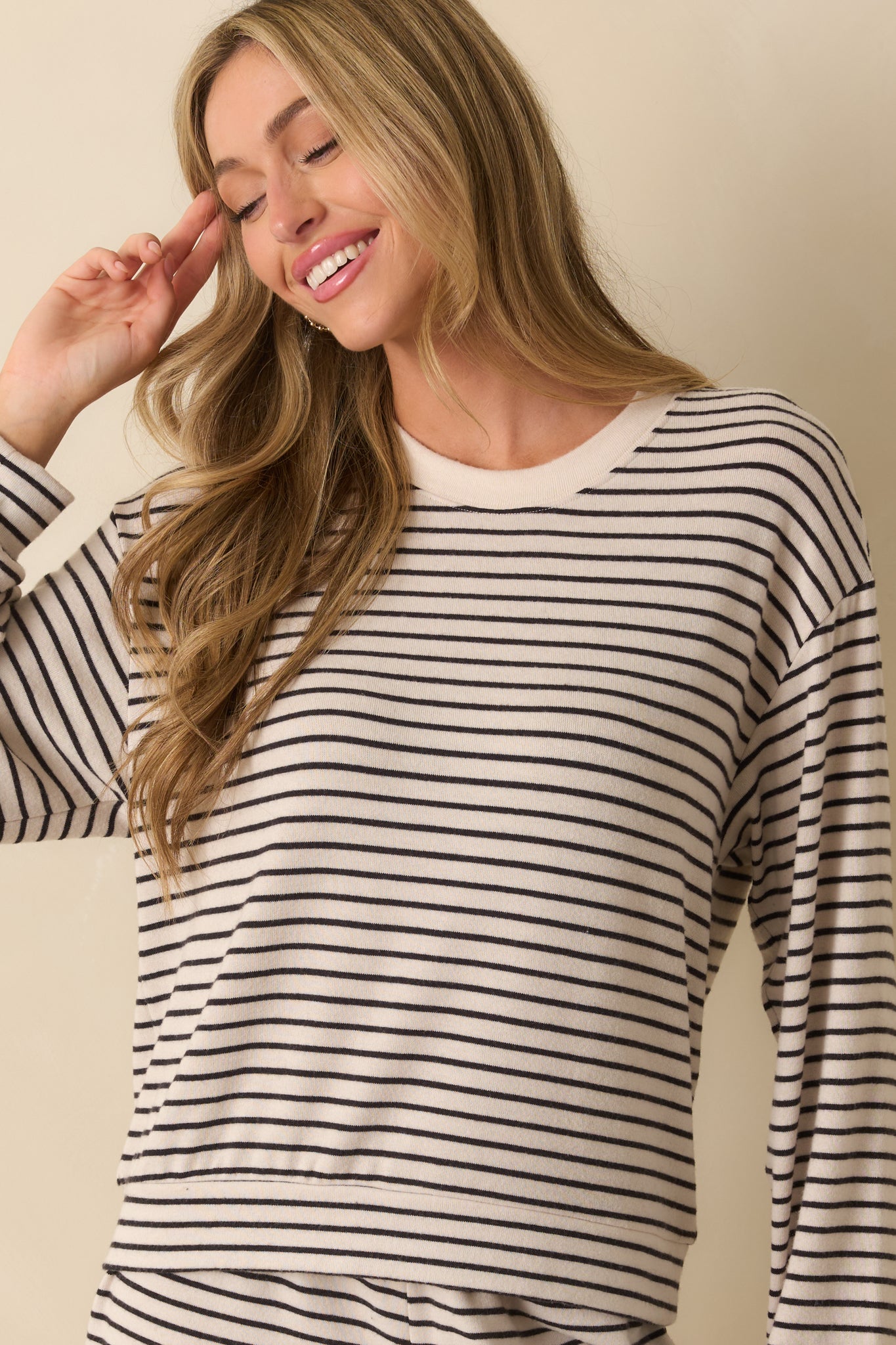 Z Supply Luxe Striped Long Sleeve Tee In Ivory | Red Dress