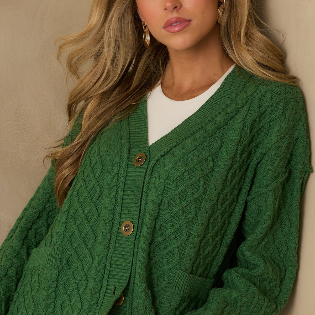 Forest Green Cable Knit Cardigan - Casual Tops | Red Dress