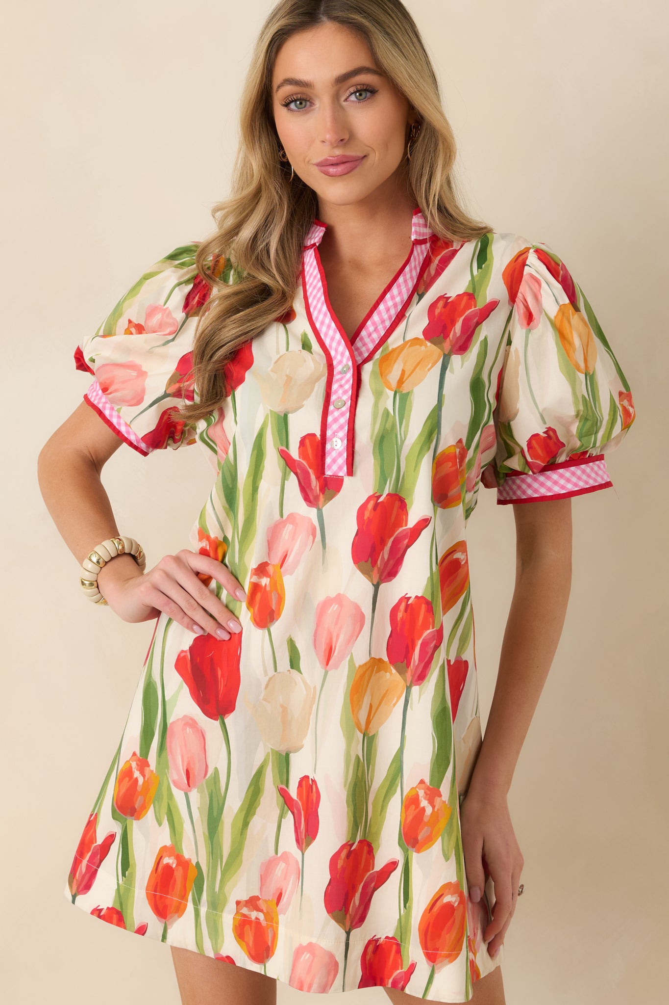 Cropped front view emphasizing the functional side pocket and overall print pattern.