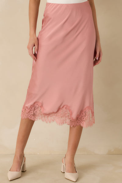 Blush Pink Satin Lace Trim Midi Skirt - All Bottoms | Red Dress