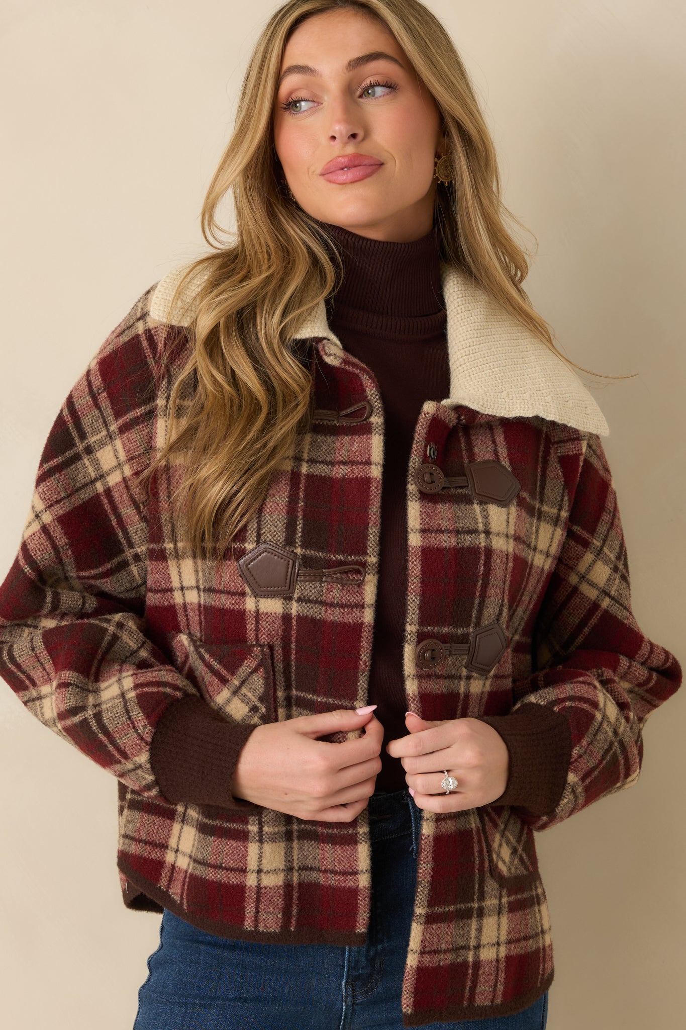 Cranberry Red Plaid Knit Collared Jacket - All Outerwear | Red Dress