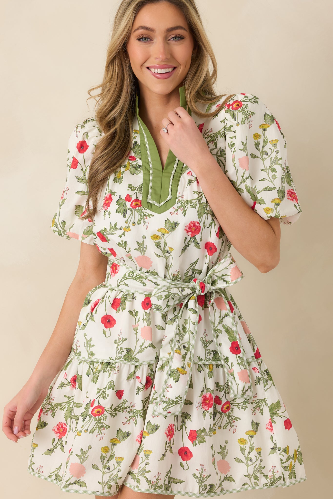 olive floral renee ruffle mini dress Women's Taking A Chance Olive Green Floral Print Cotton Puff Sleeve Mini Dress | Size: L