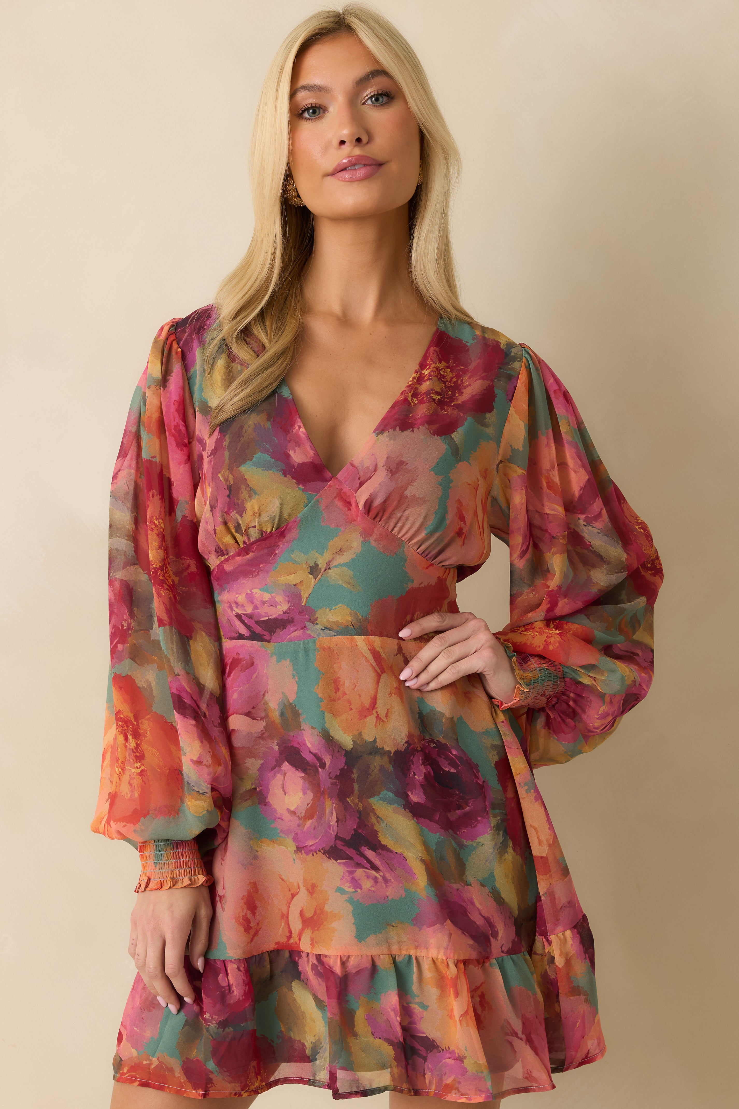 Cropped waist view emphasizing the wide smocked waistband and floral chiffon texture.