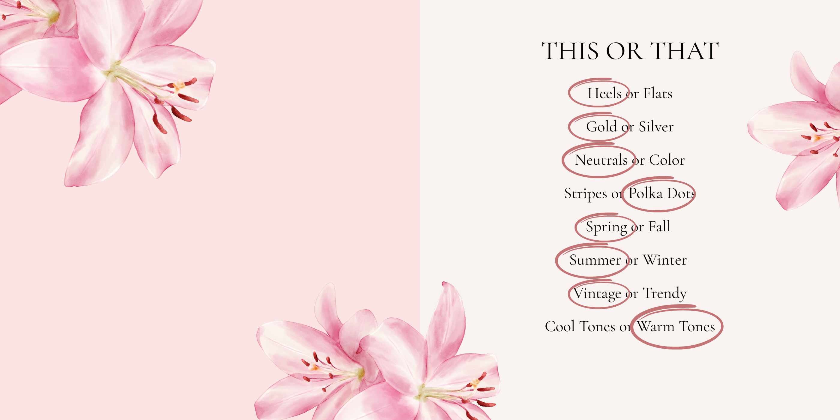 Pink flowers on a pink background with a "this or that" quiz in the text.