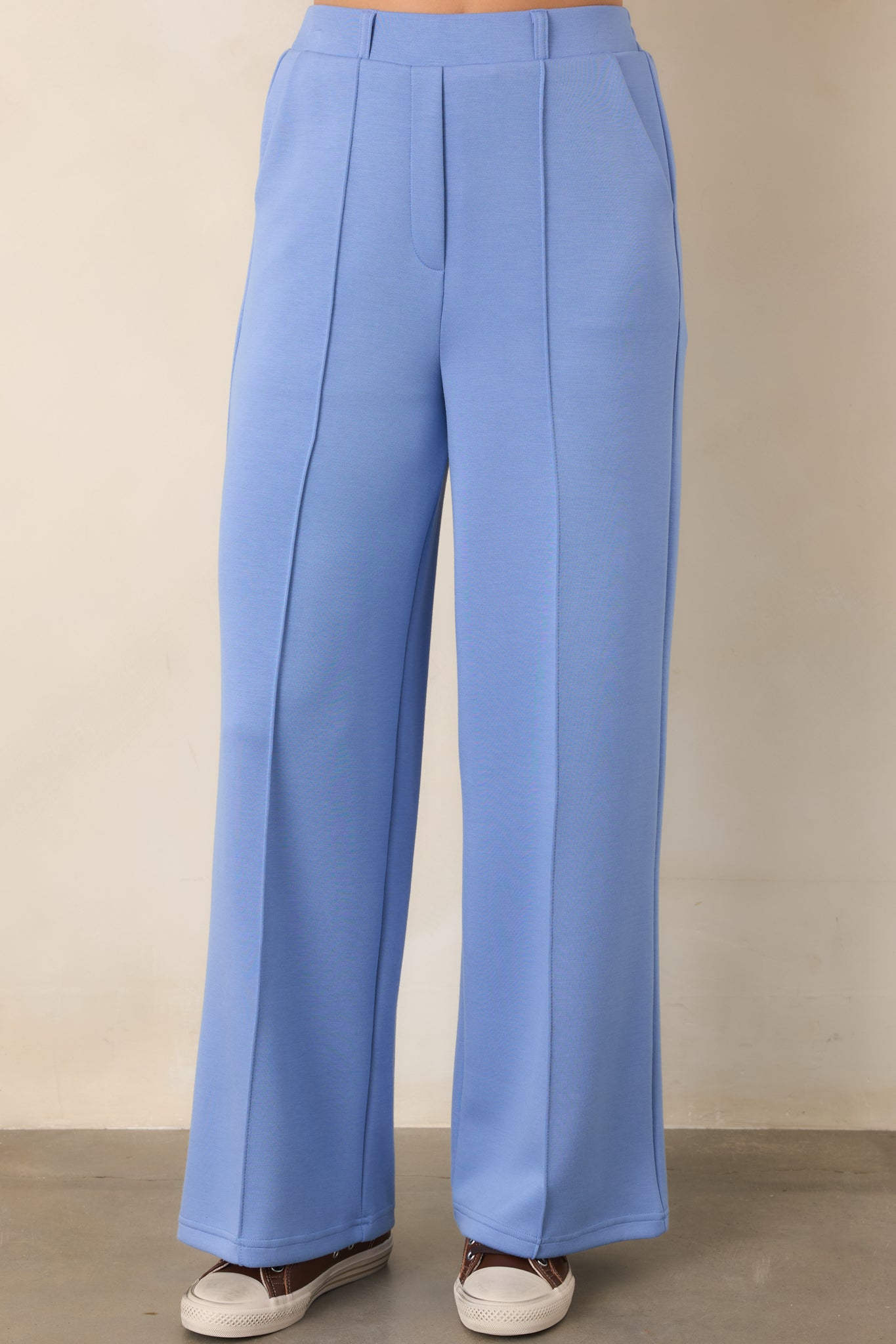 Ready to Jet Horizon Blue Knit High-Waisted Wide-Leg Pants