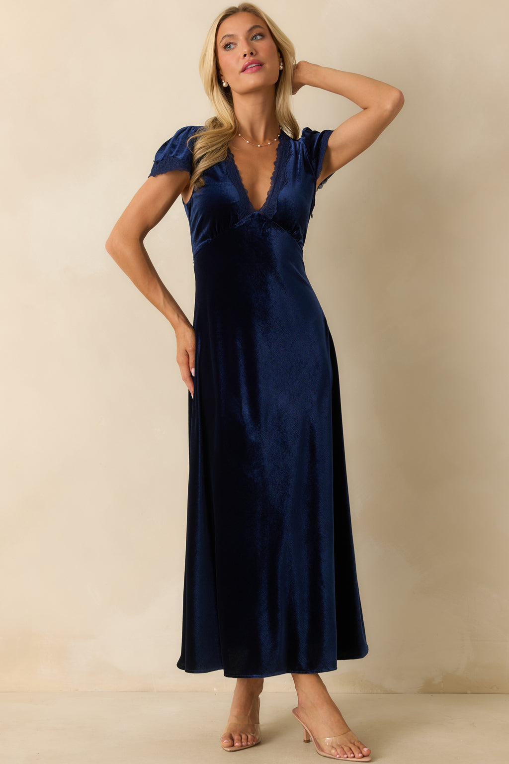 Navy V-Neck Velvet Maxi Dress - Event Dresses