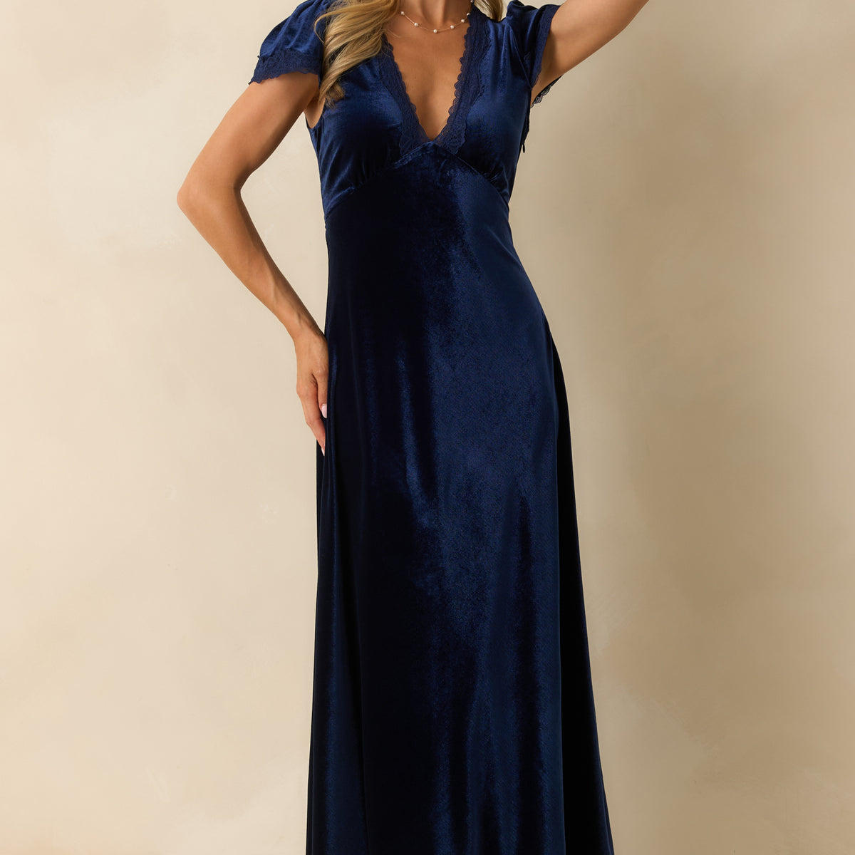 navy blue crushed velvet dress Navy V-Neck Velvet Maxi Dress - Event Dresses