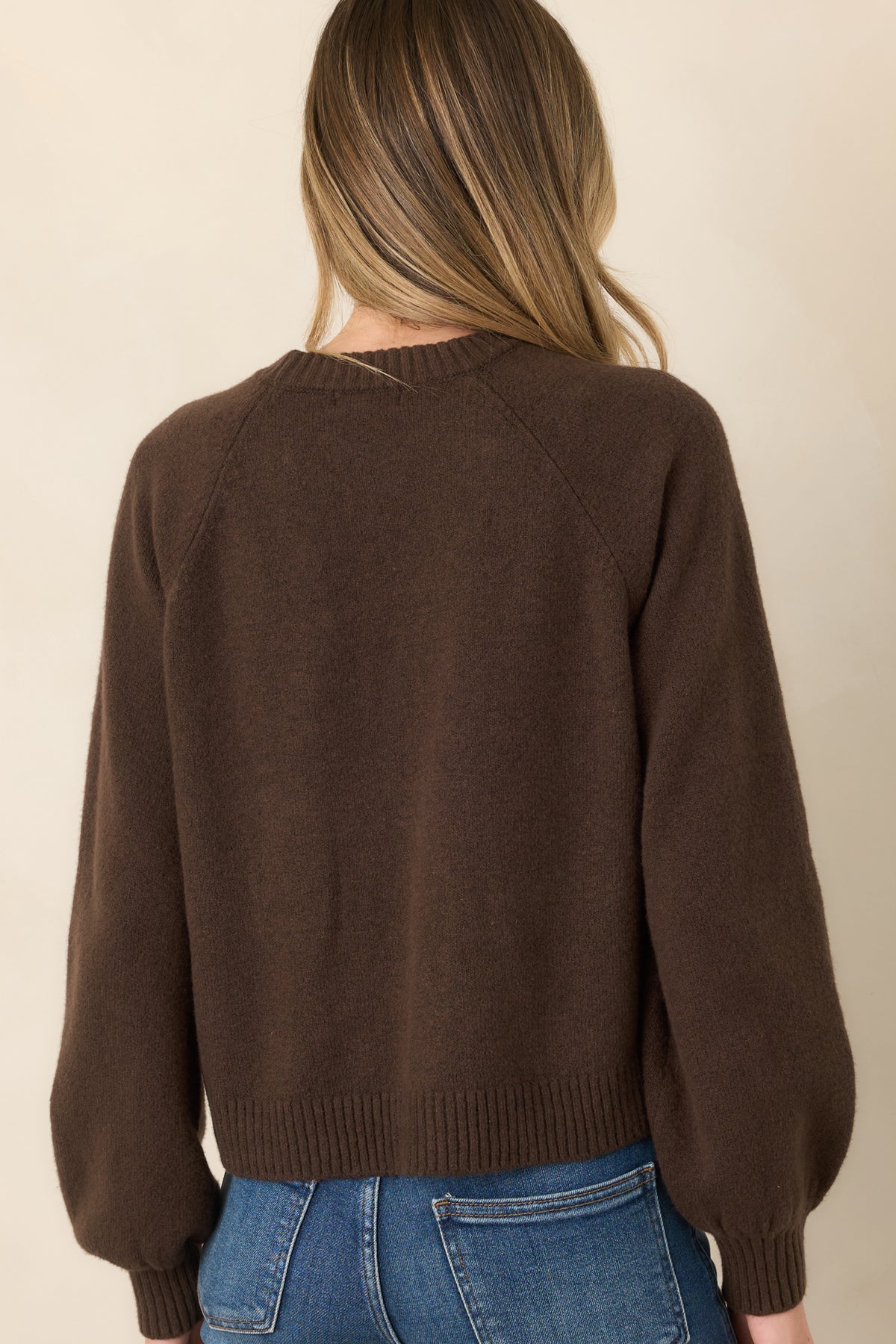Rear view of the dark chocolate brown knit top showcasing the relaxed cropped silhouette, raglan sleeves, and ribbed hem.