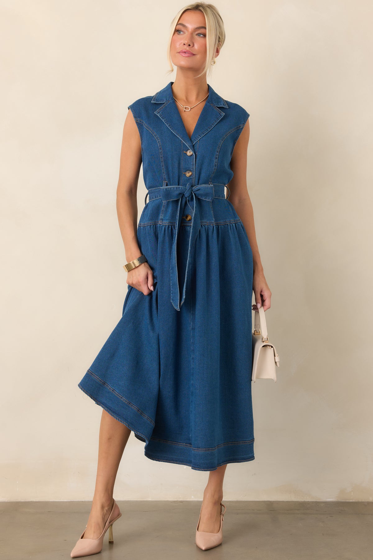 denim dress with pockets Women's I'm All In Dark Wash Tie-Belt Midi | Size: L Crafted from a durable Size:7 Years Irresistible Aura Black Backless sa_US_Stock is greater than 10