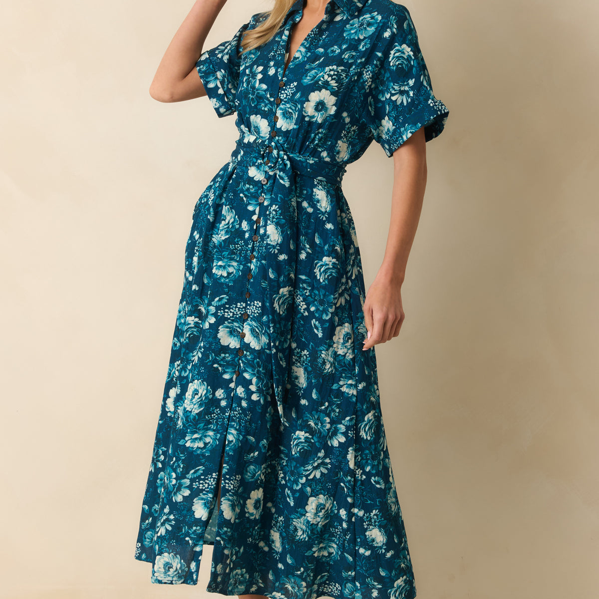 belted teal and black shirt dress You’ll See Soon Dark Teal Multi Floral Print Belted Midi Shirt Dress