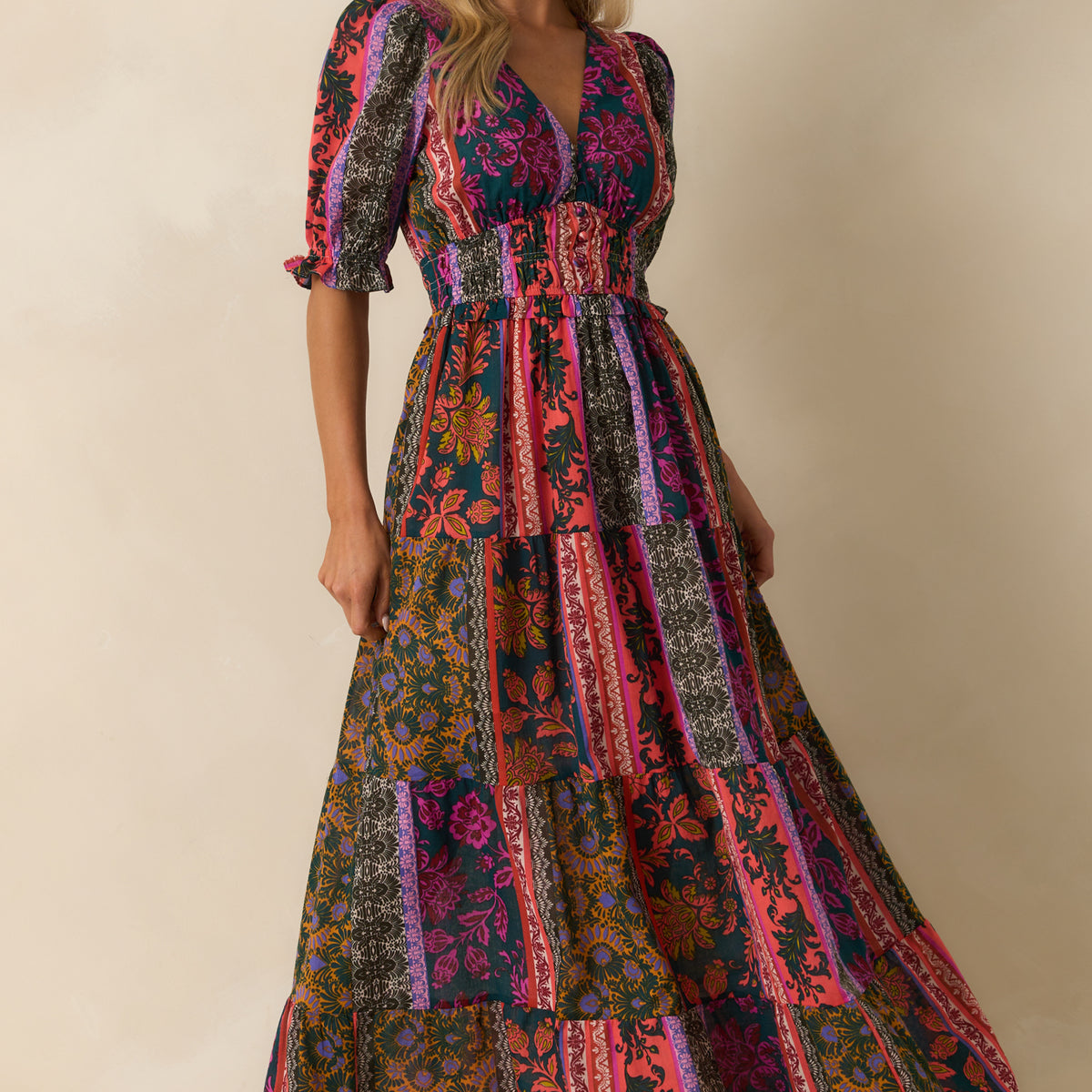 Dark Teal Patchwork Print Cotton Maxi Dress - All Dresses | Red Dress