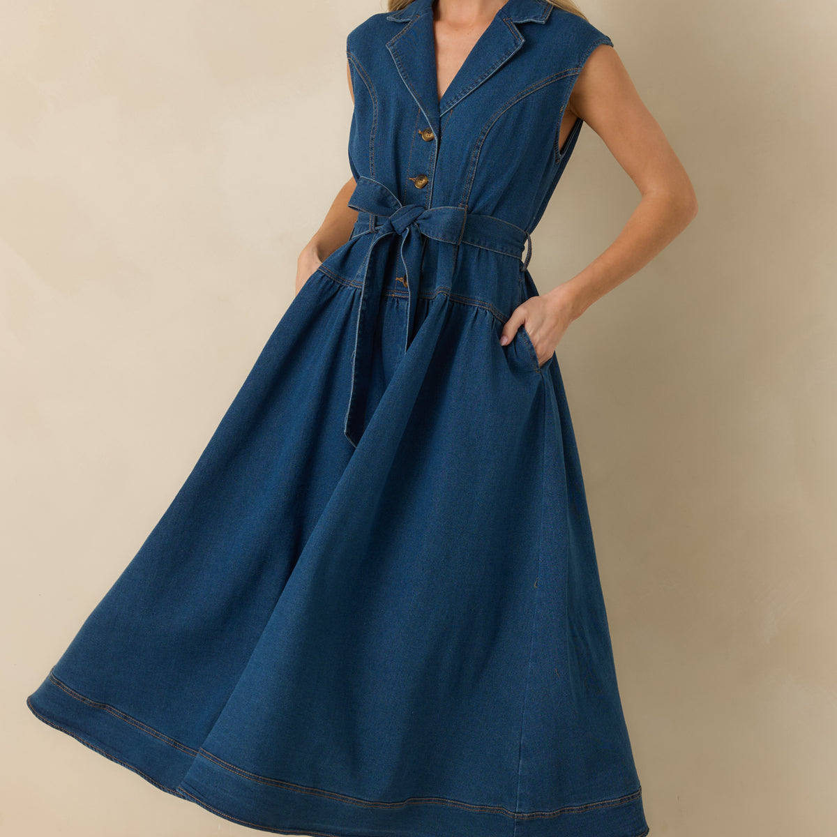 Women's I'm All In Dark Wash Denim Tie-Belt Midi Dress | Size: S