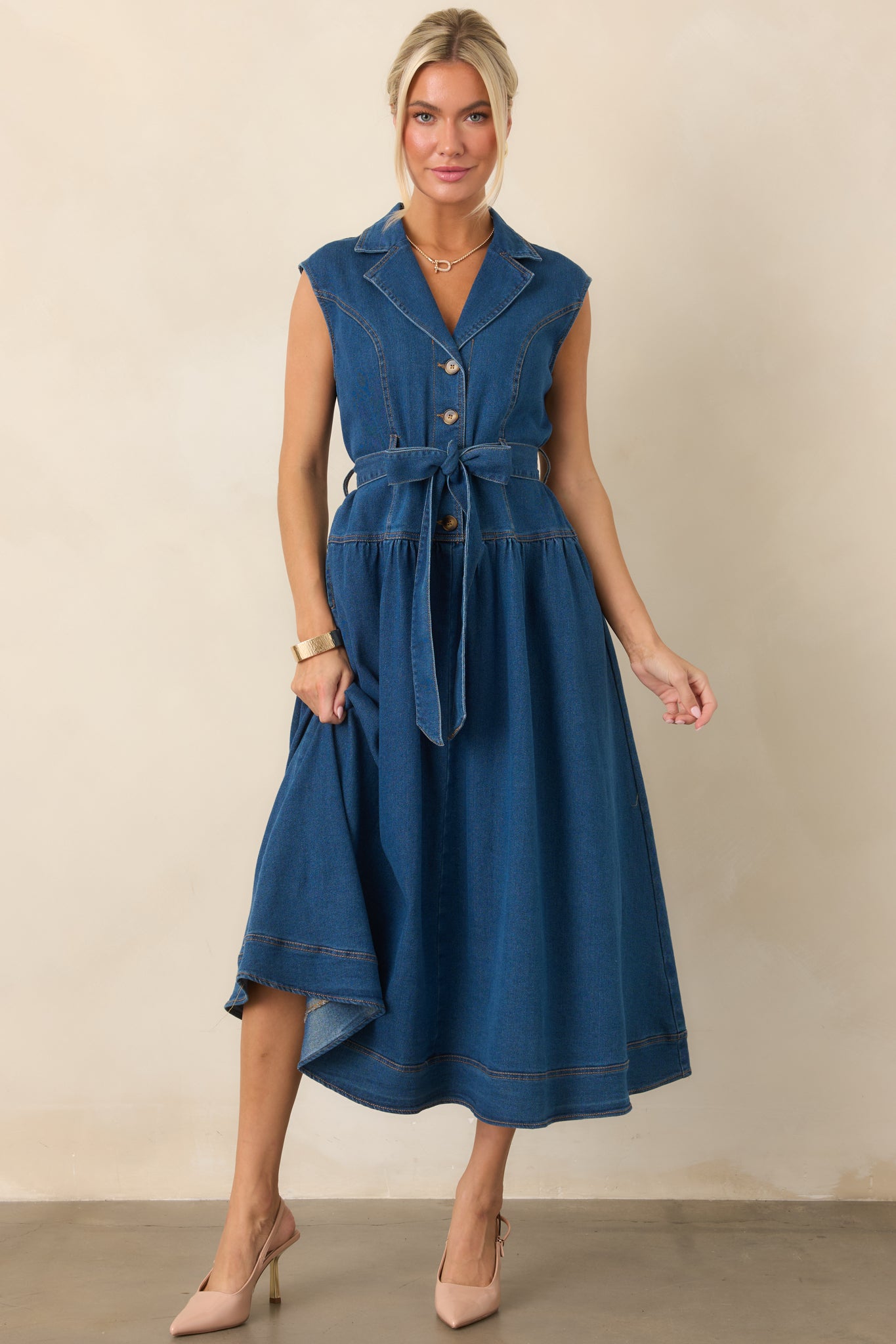 denim sleeveless dress for women Women's I'm All In Dark Wash Tie-Belt Midi | Size: L Elegant Black Strapless Mesh Machine wash cold LENGTH:Maxi Size:XS/S/M
