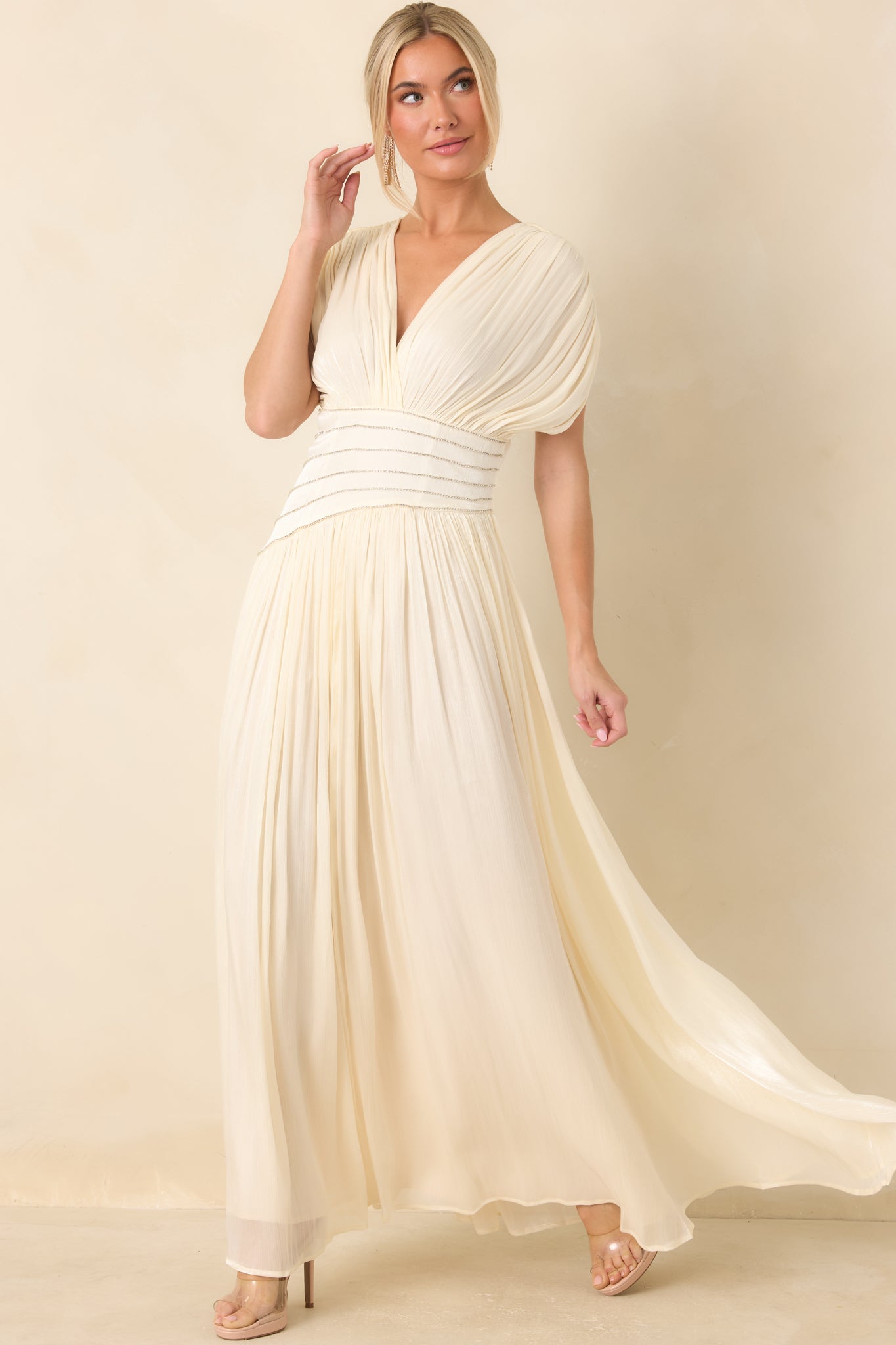 Red Pink Color How Dreams Begin Ivory Rhinestone Waist Draped Maxi Dress | Red Dress