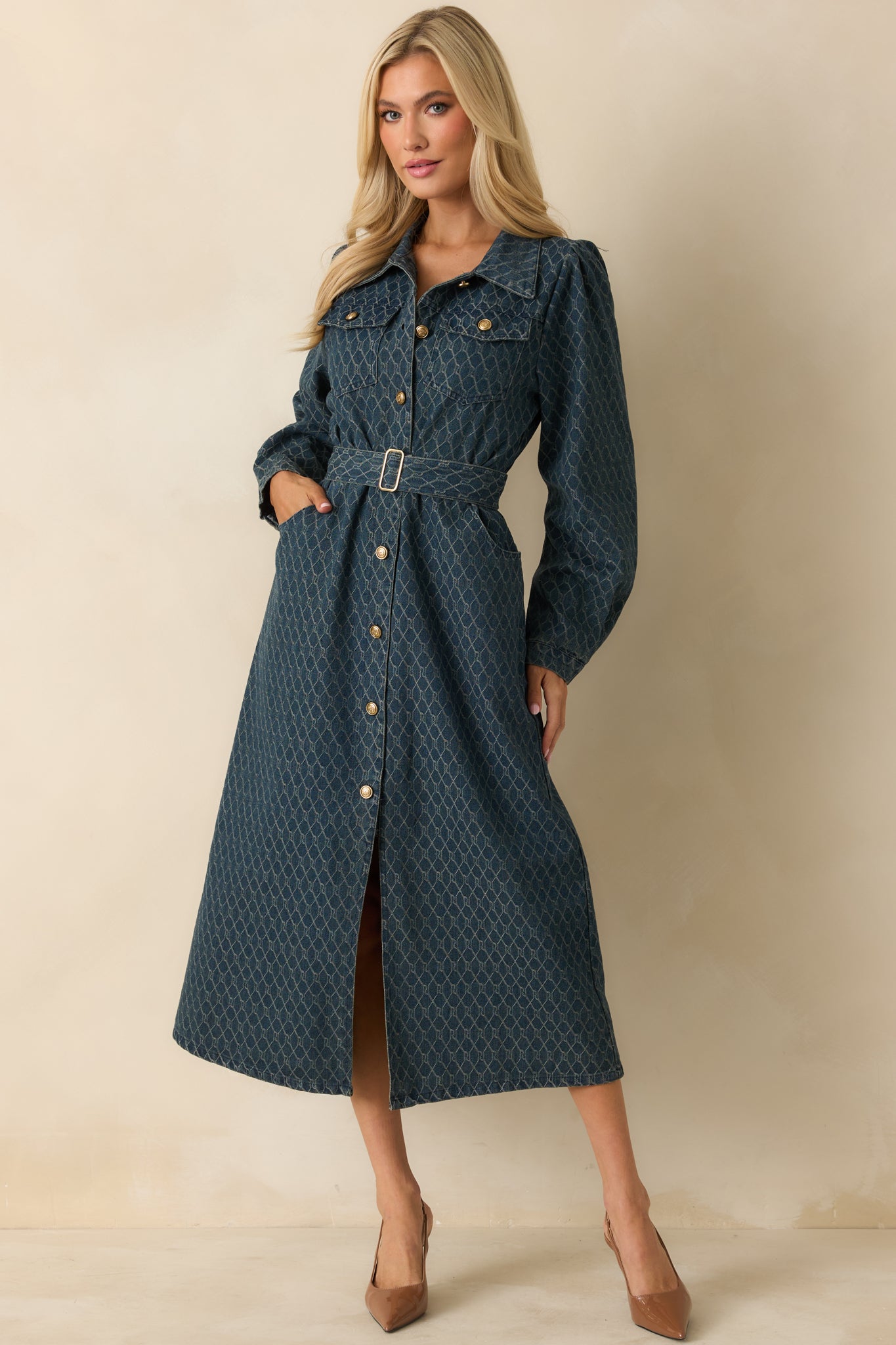 Front-facing denim dress featuring long sleeves with buttoned cuffs and structured midweight fabric.