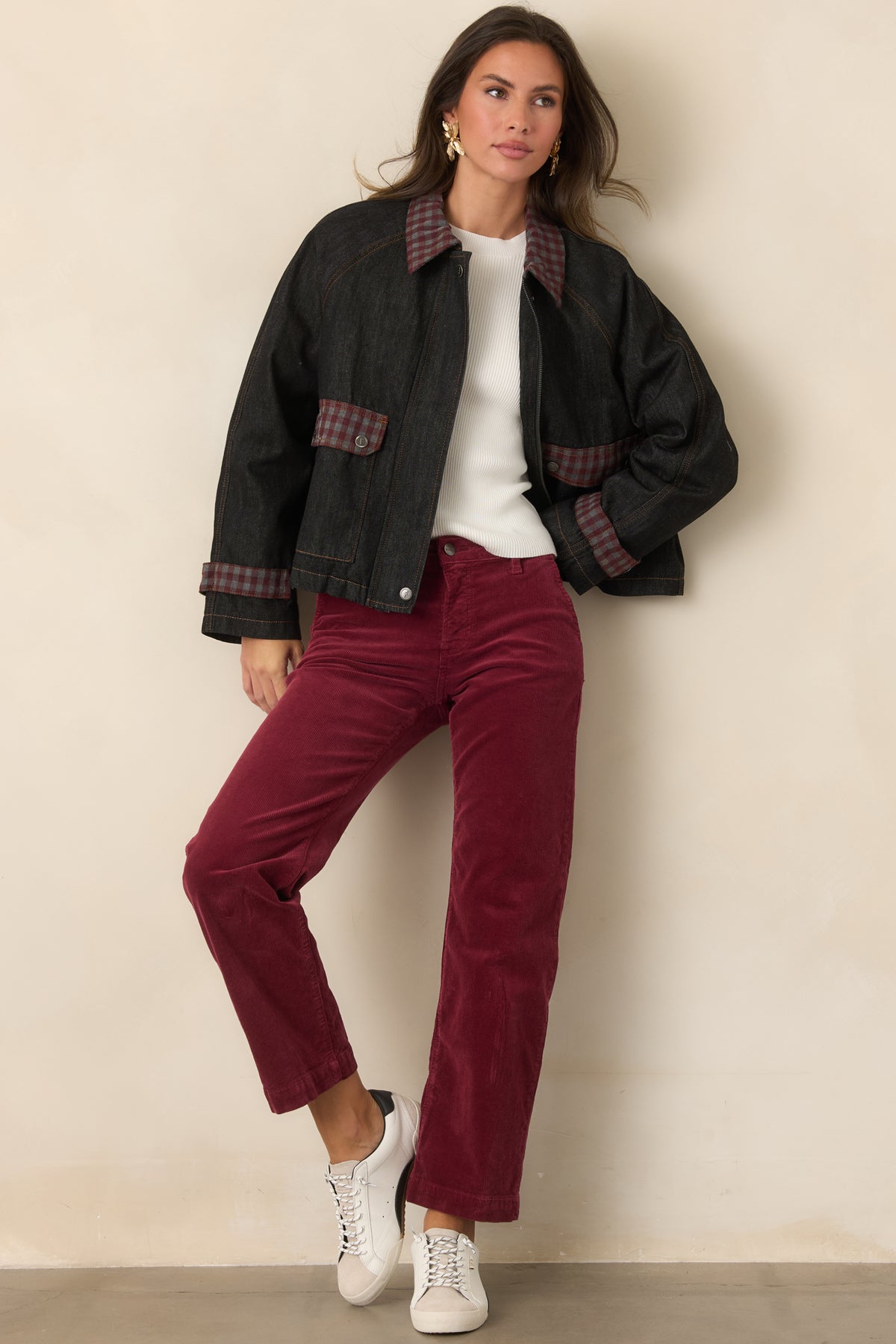 Retro-inspired denim jacket with gingham collar and cuffs, oversized front pockets, and a relaxed boxy fit.