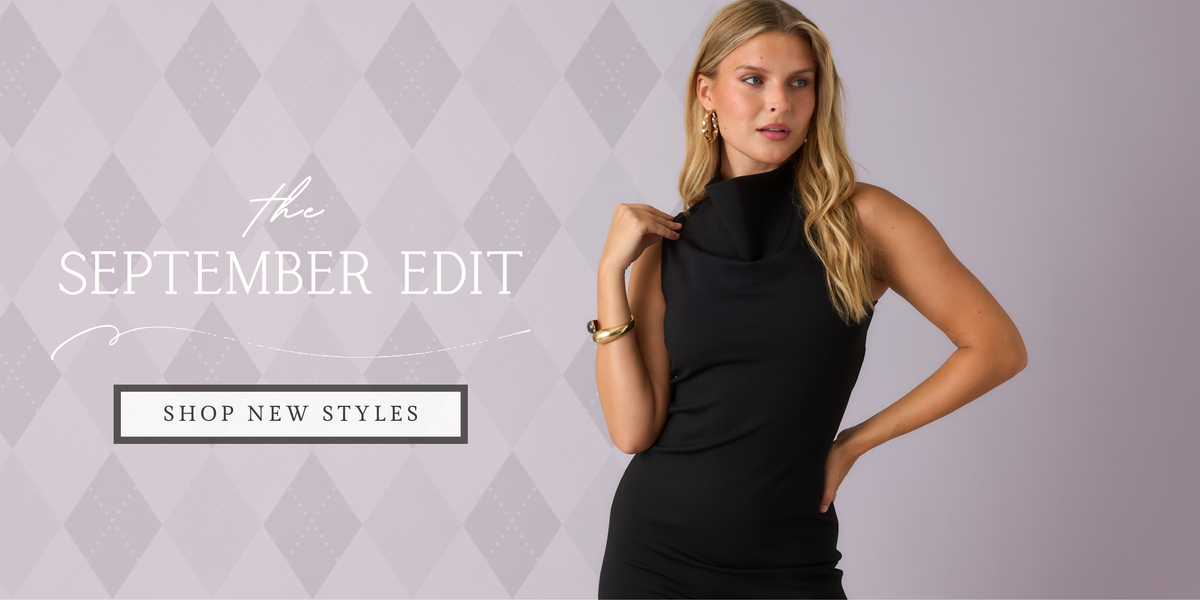 Model wearing black midi dress against a gray backdrop. Text reads: "The September Edit. Shop New Styles."