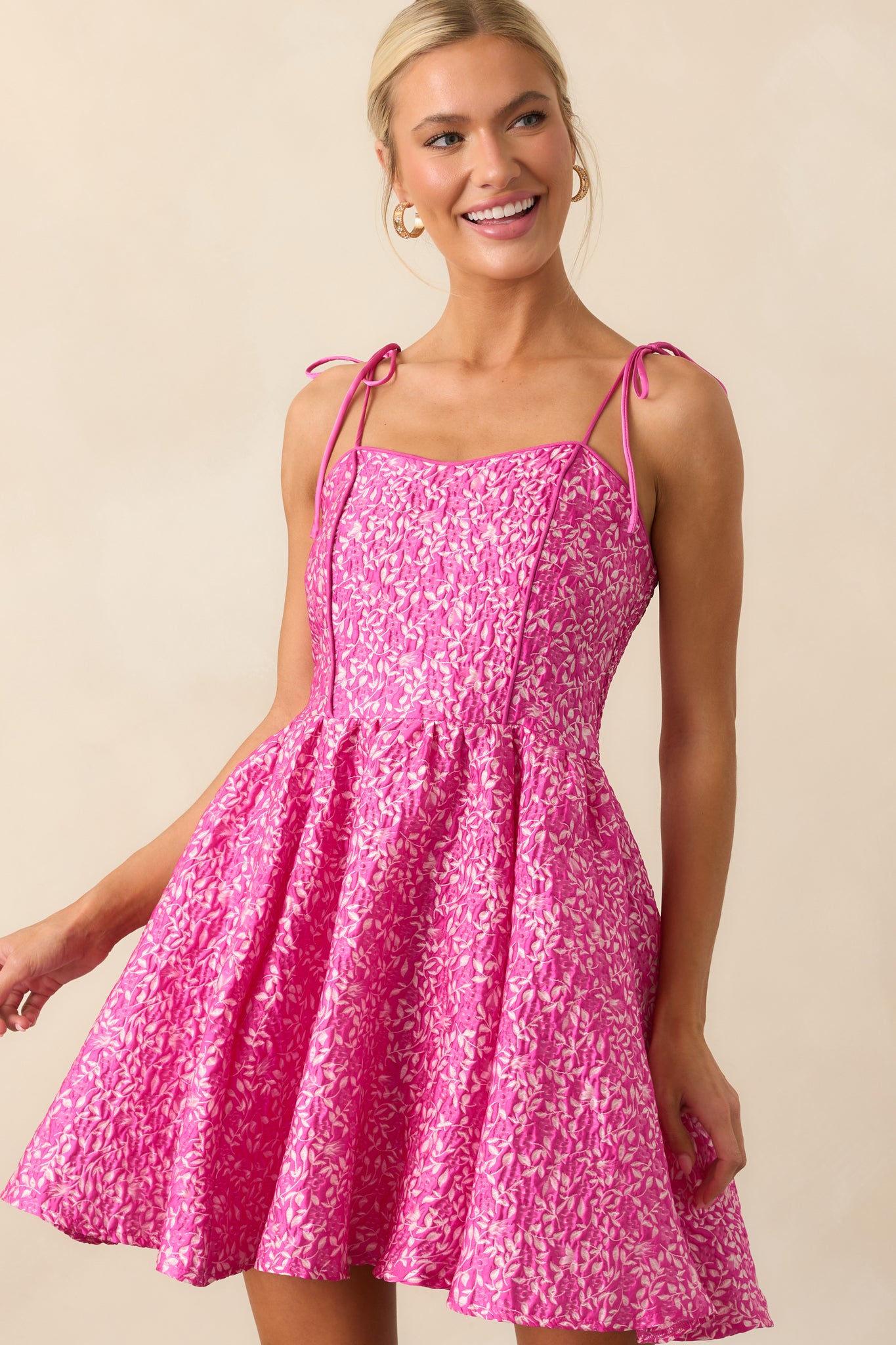 Fuchsia Pink Floral Jacquard Mini Dress - All Dresses | Red Dress