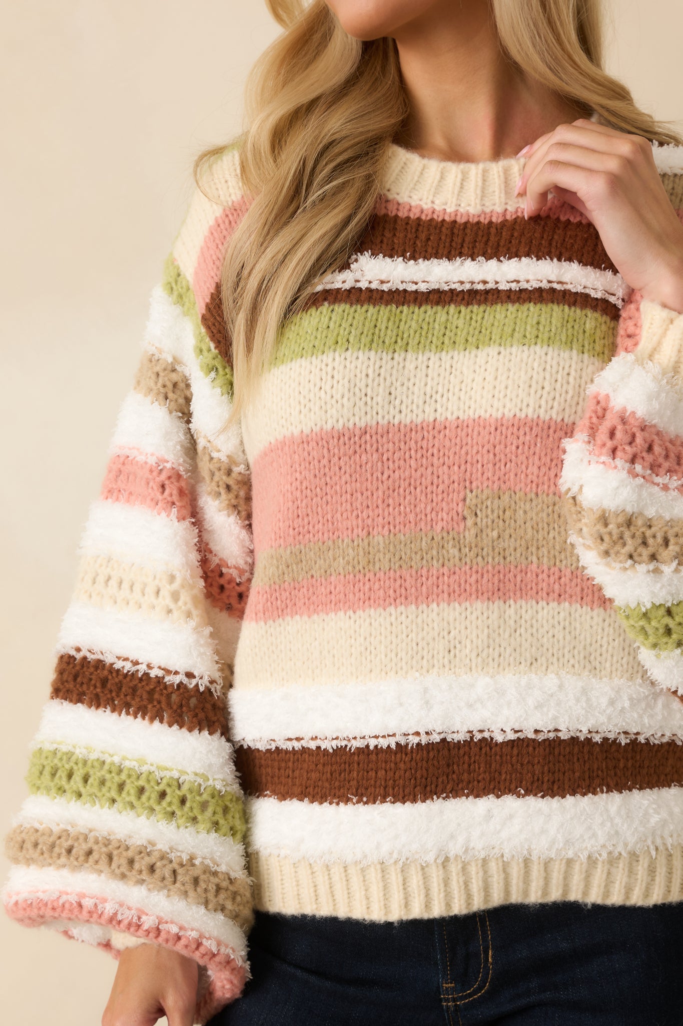 Ivory Multi Textured Stripe Oversized Sweater - All Tops | Red Dress