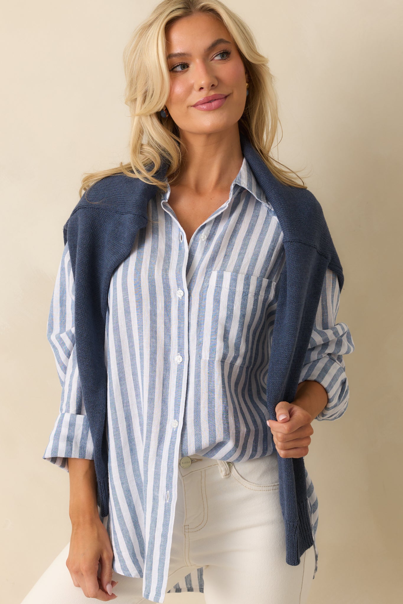 トップス 222 Z Supply Perfect Linen Striped Top In Blue | Red Dress