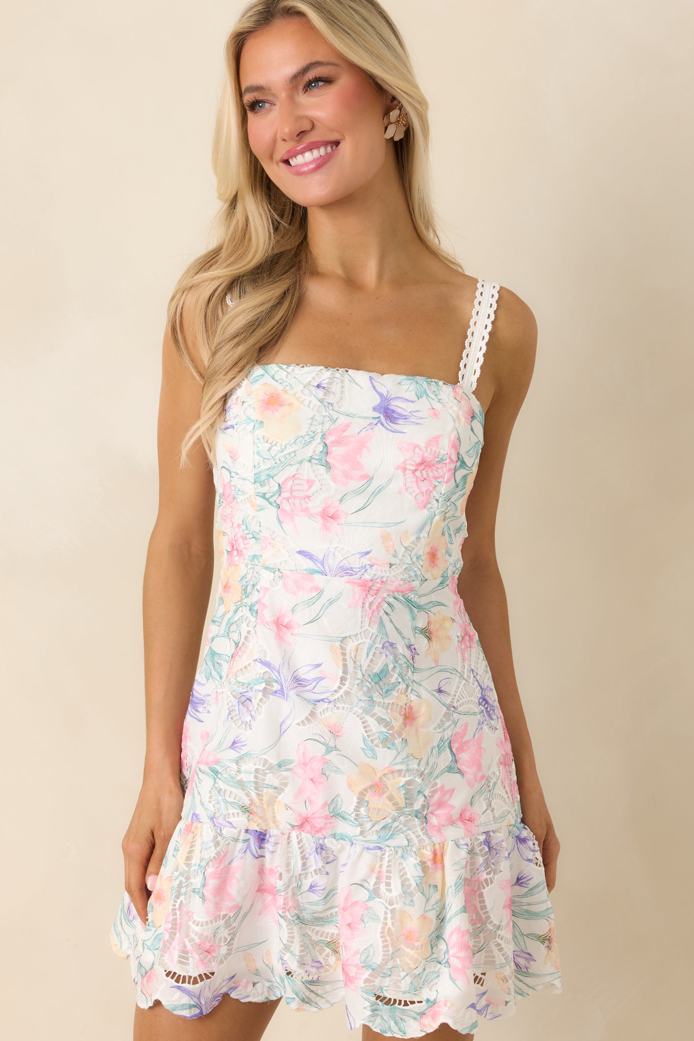 Detailed look at fitted bodice with subtle shaping and floral pattern.