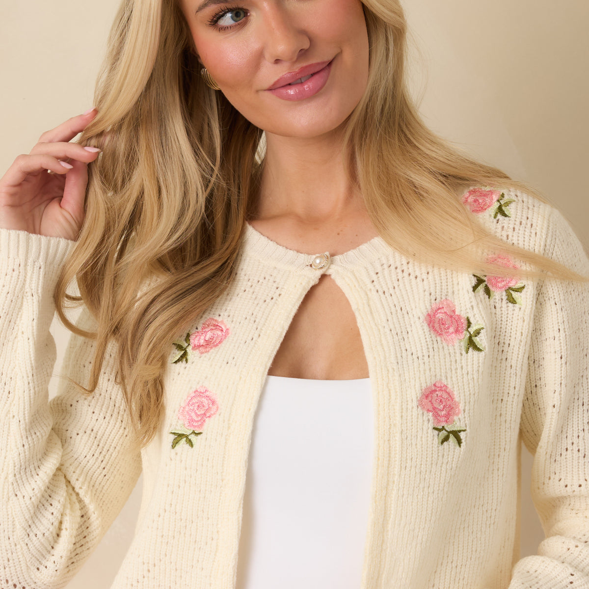 Red Dress | Ivory Knit Pink Rose Embroidered Cardigan - All Tops