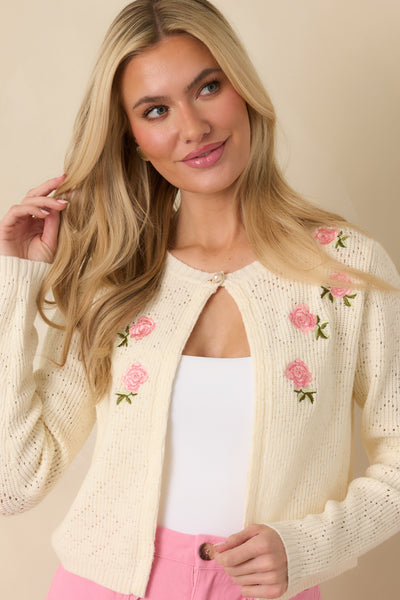 Red Dress | Ivory Knit Pink Rose Embroidered Cardigan - All Tops Red Dress | Ivory Knit Pink Rose Embroidered Cardigan - All Tops