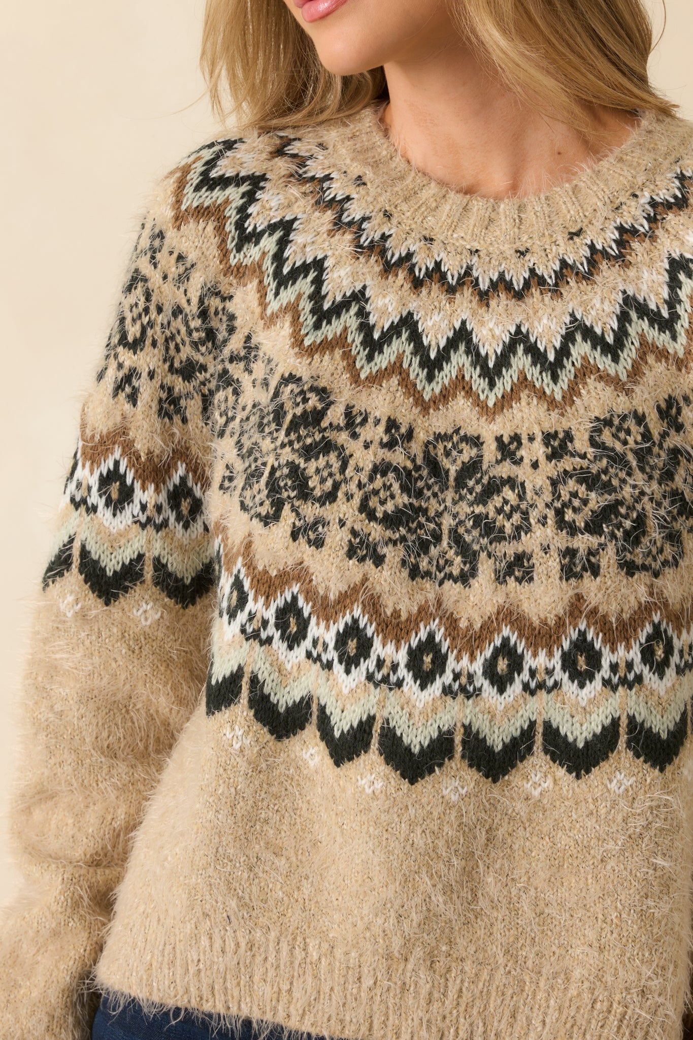 Detailed look at the soft fuzzy knit and the multi-pattern Fair Isle weaving.
