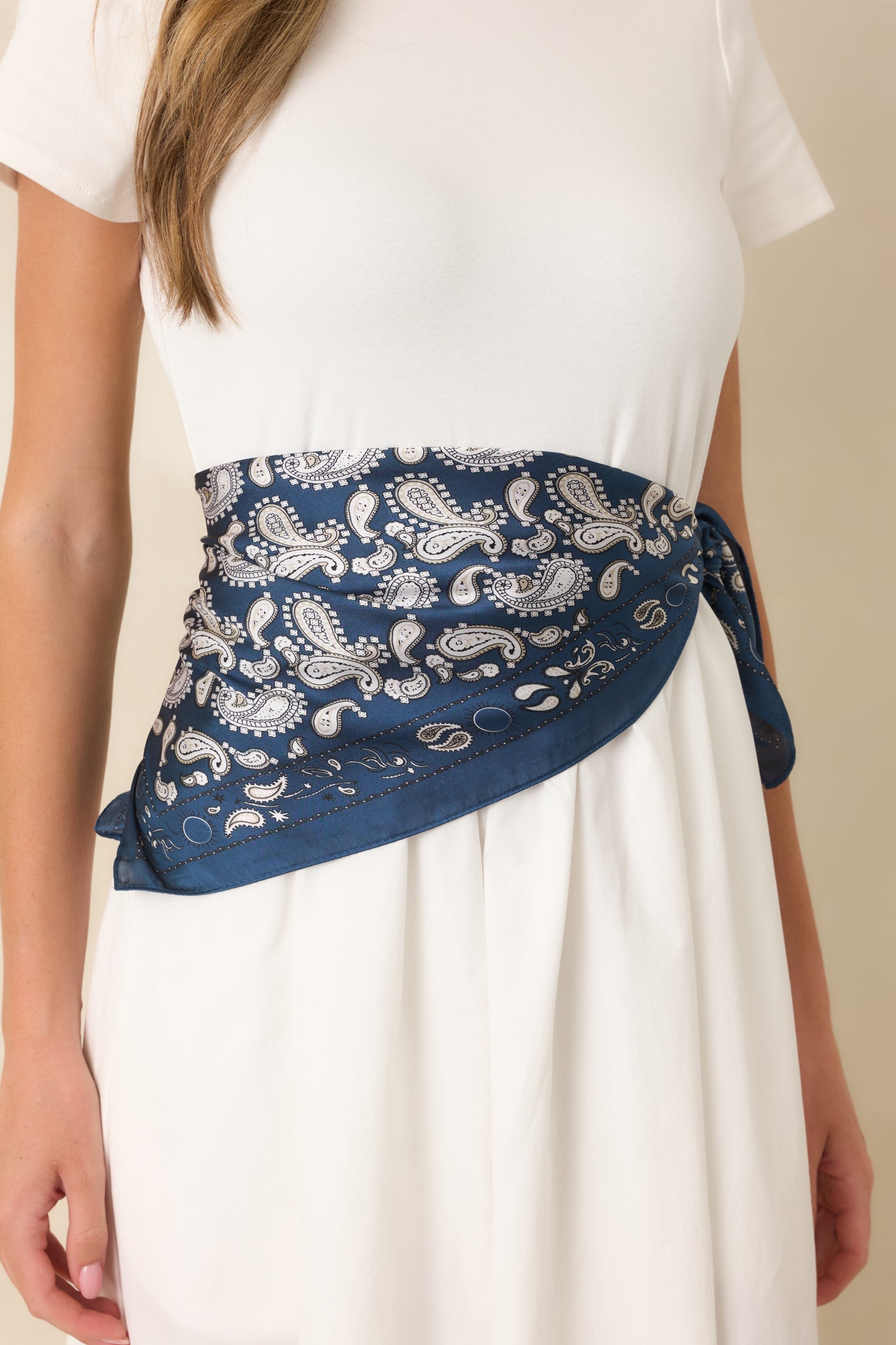 Stars & Satin Navy Paisley Satin Scarf | Red Dress