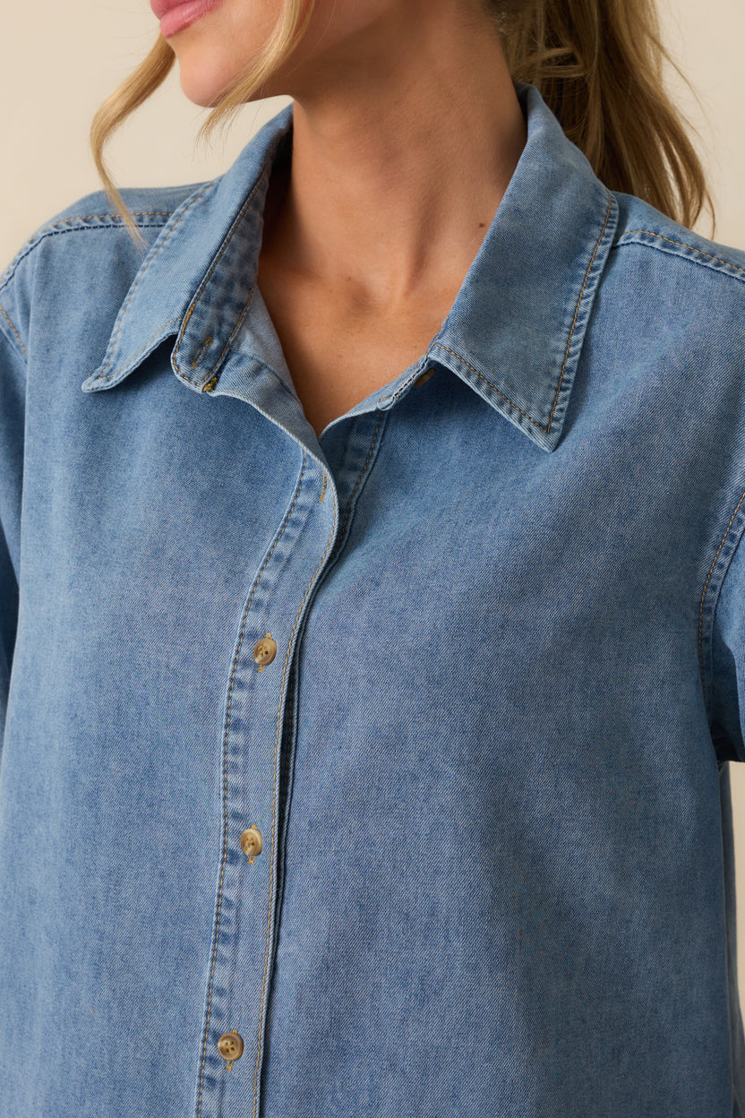 Light Wash Cotton Denim Button Up Top - Long Sleeve Tops | Red Dress