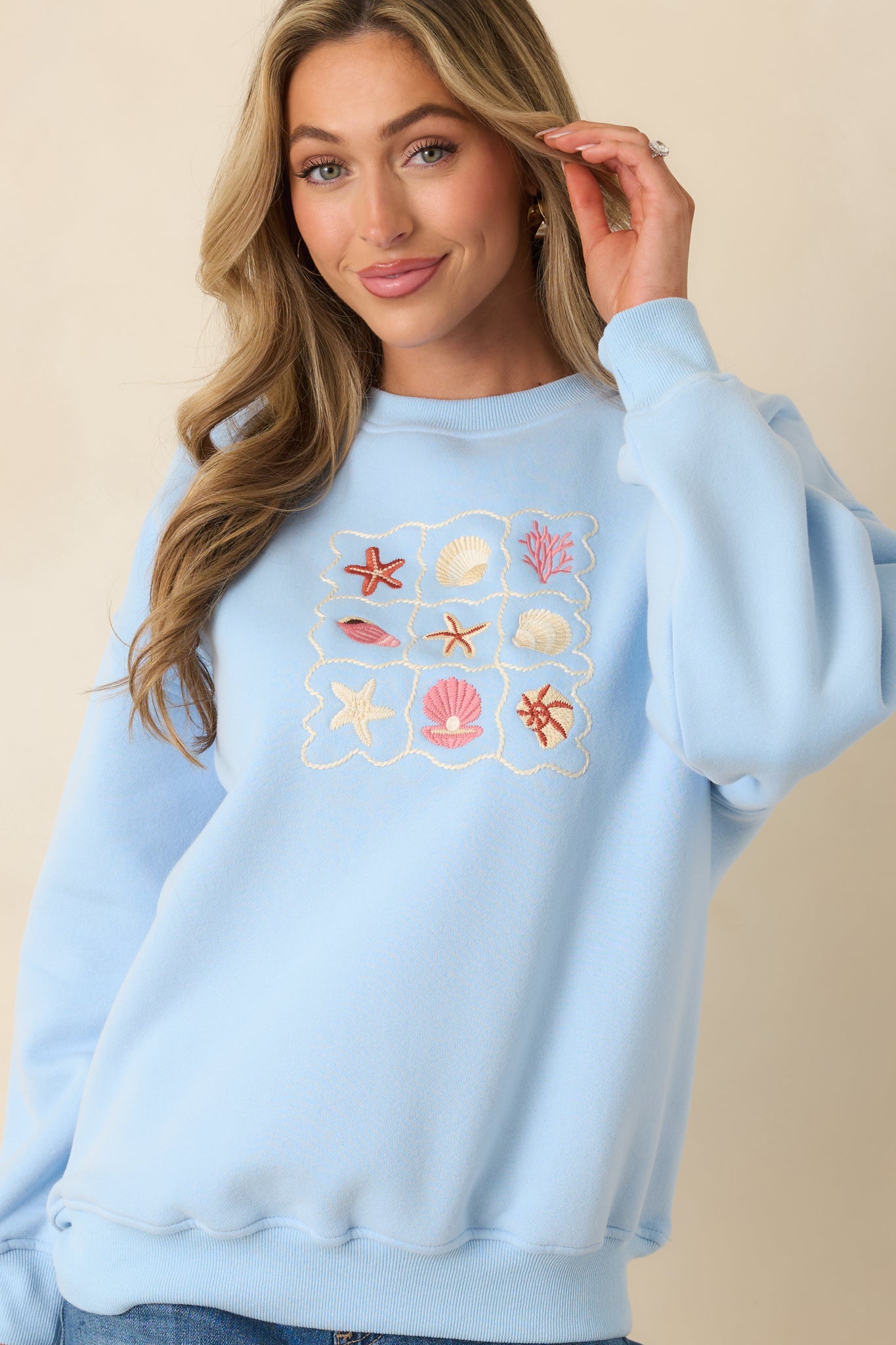 Detailed view of the ribbed neckline and upper chest embroidery on the light blue sweatshirt.