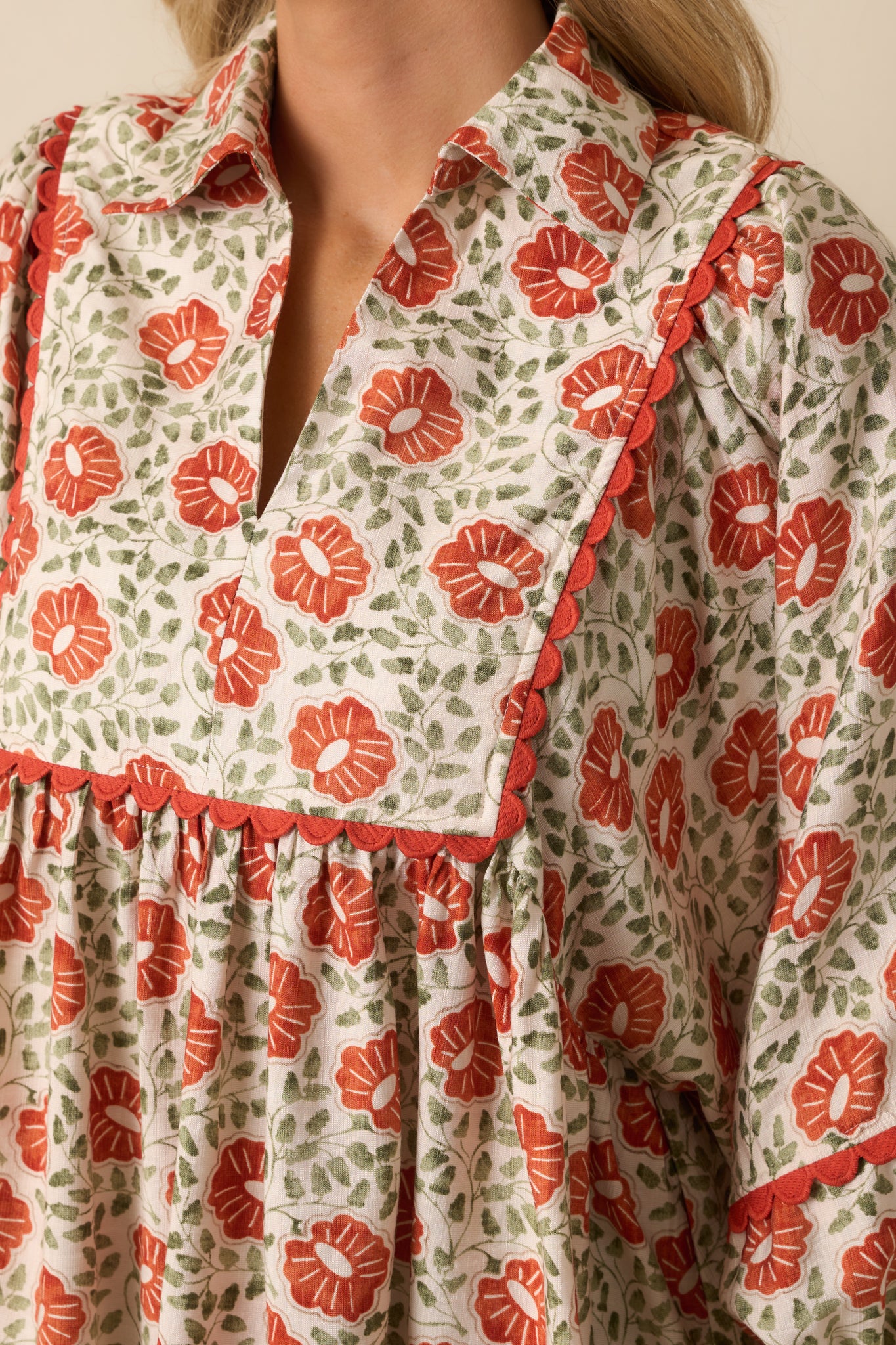 A detailed view of the orange trim yoke and multicolor floral print on the top.