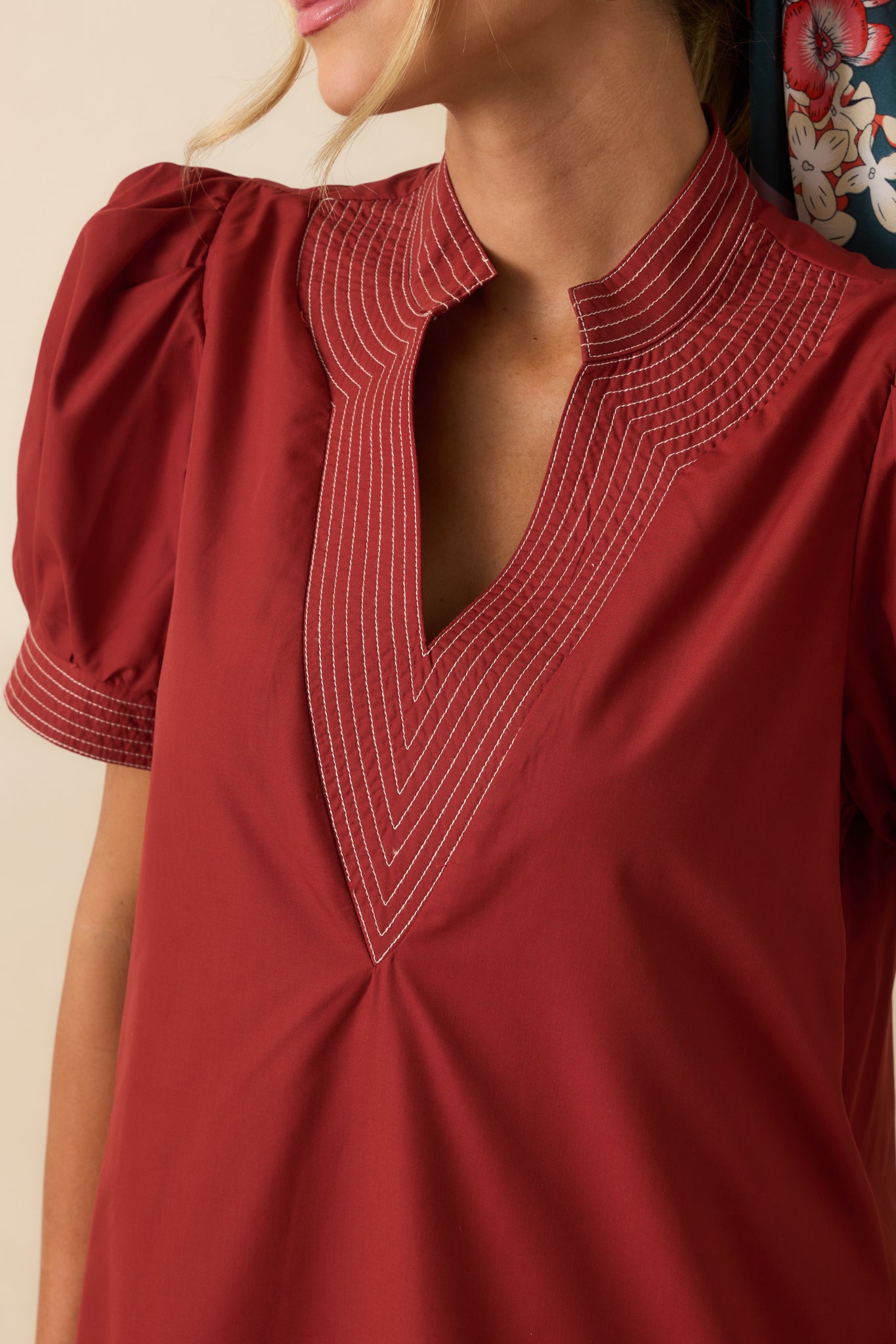 open lace back dress Brick Red Cotton Puff Sleeve Dress - Mini Dresses