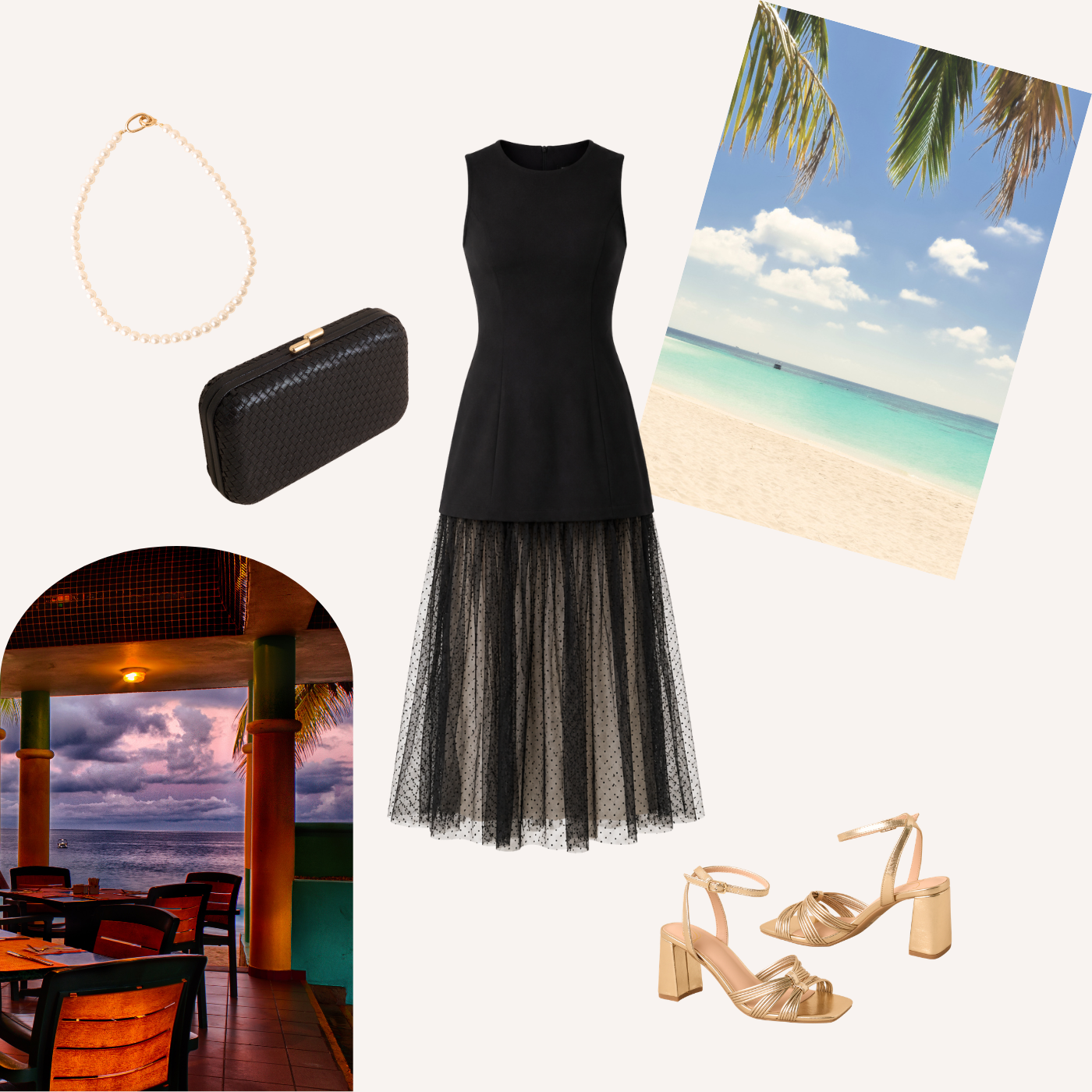 cutout of a black, sleeveless dress, surrounded by scenic beach photos and various accessories. 