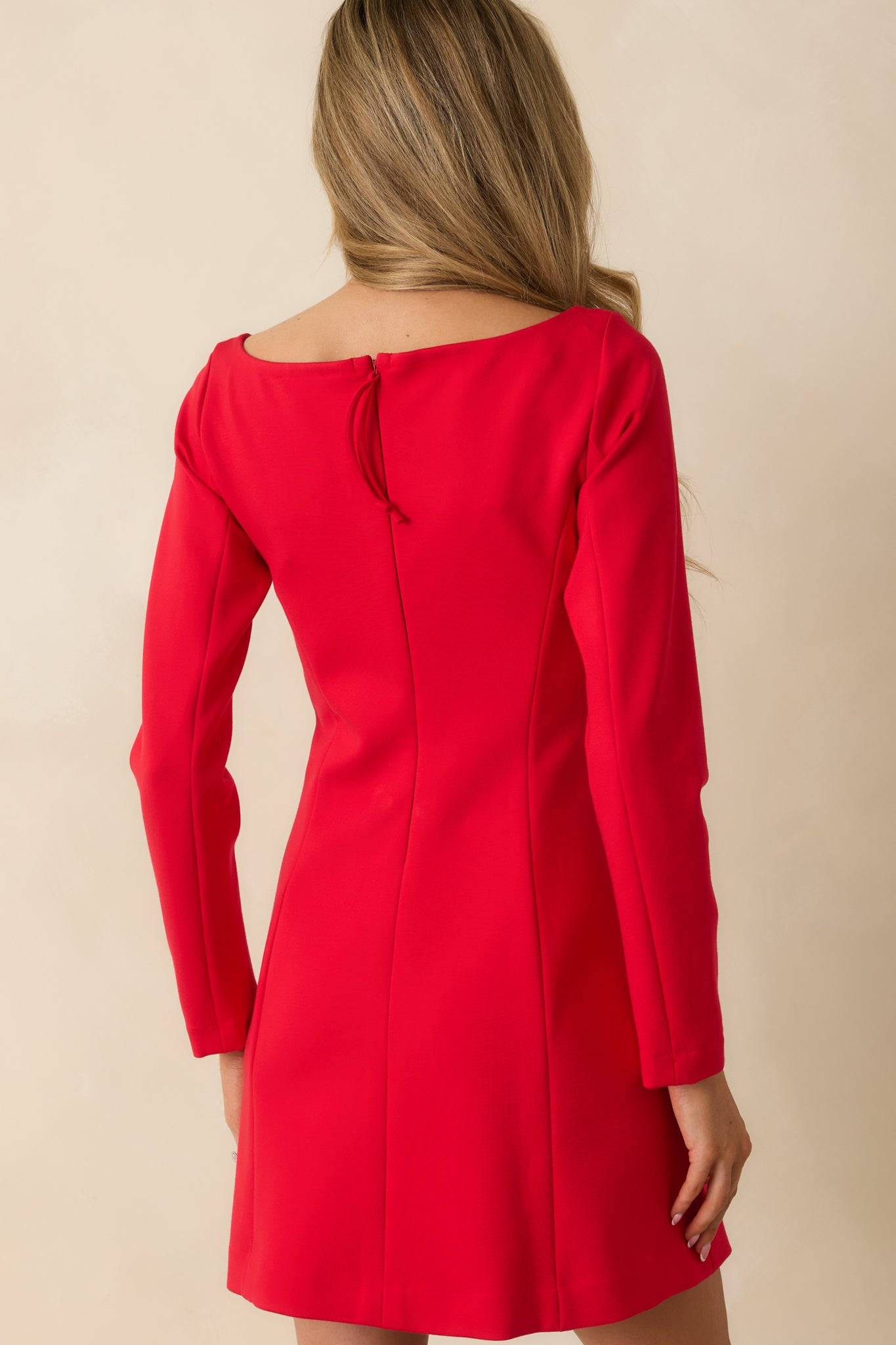 Back view showing the smooth fit, long sleeves, and streamlined silhouette of the dress.