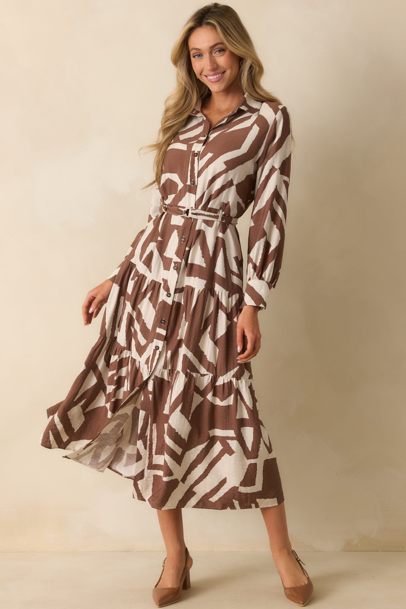 Brown Abstract Print Belted Maxi Shirt Dress - All Dresses
