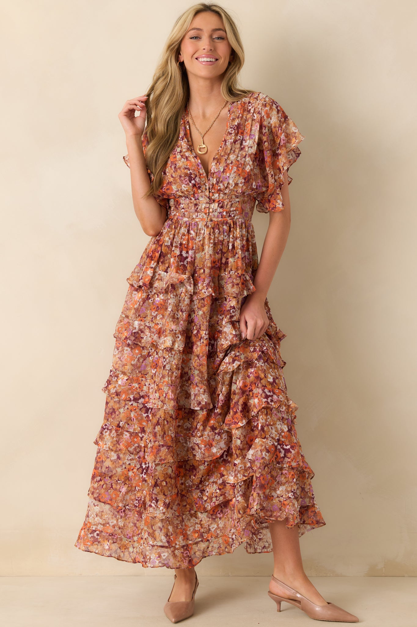 Room To Bloom Terracotta Multi Floral Print Ruffle Maxi Dress Room To Bloom Terracotta Multi Floral Print Ruffle Maxi Dress