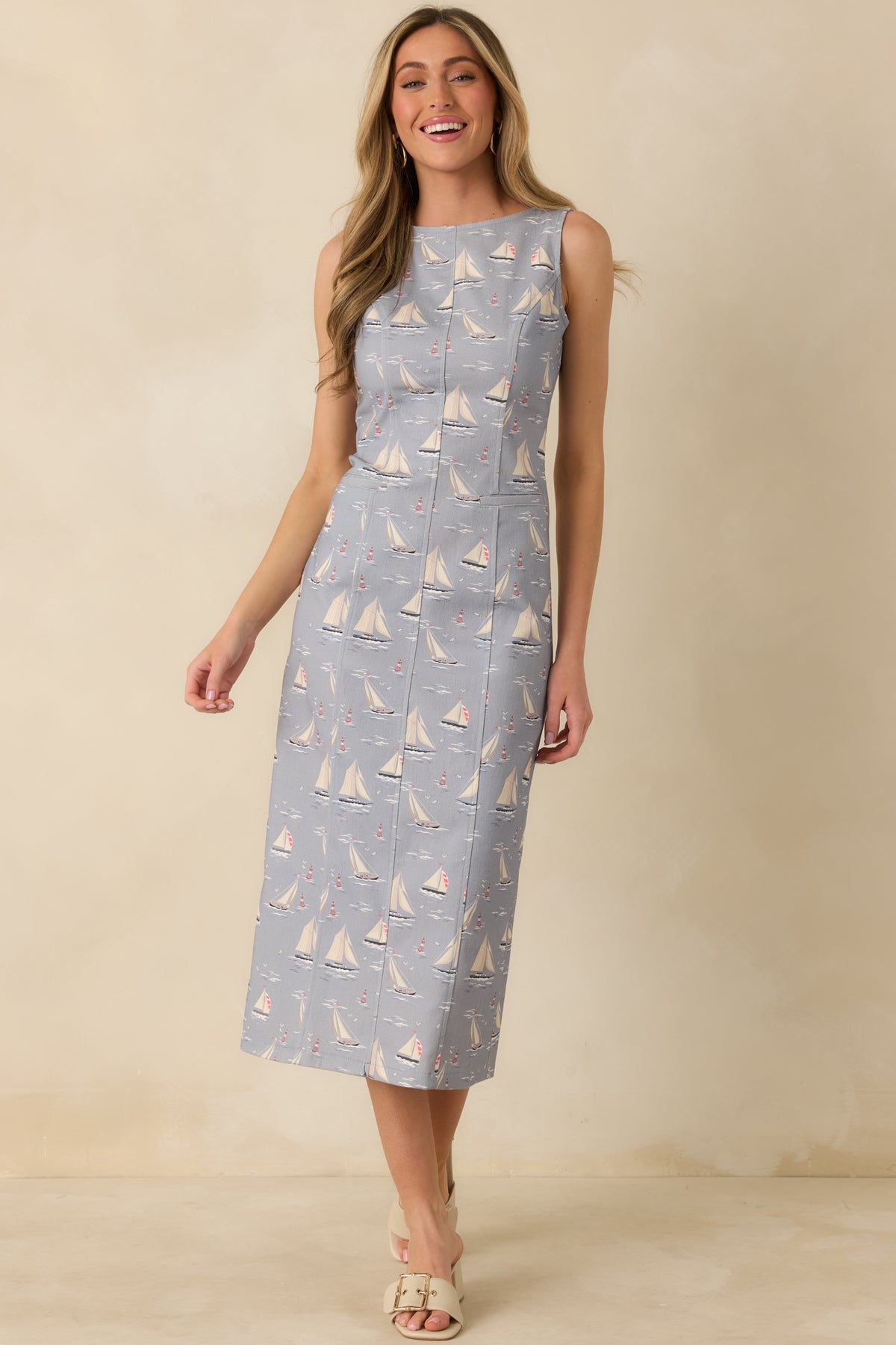 Dusty Blue Cotton Blend Nautical Sleeveless Midi Dress
