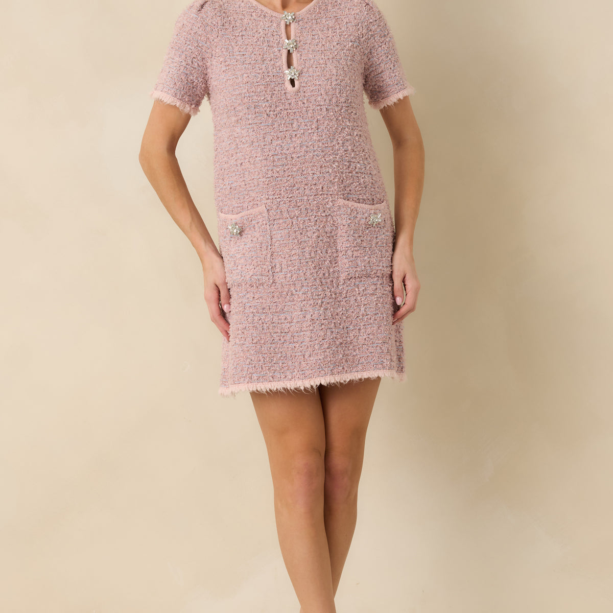 dusty pink dress short Women's Soft Kisses Dusty Pink Short Sleeve Tweed Mini Dress | Size: M