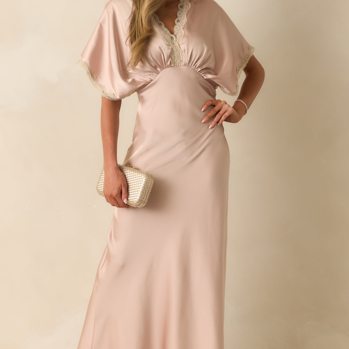 Dusty Pink Satin Lace Trim Maxi Dress - Event Dresses
