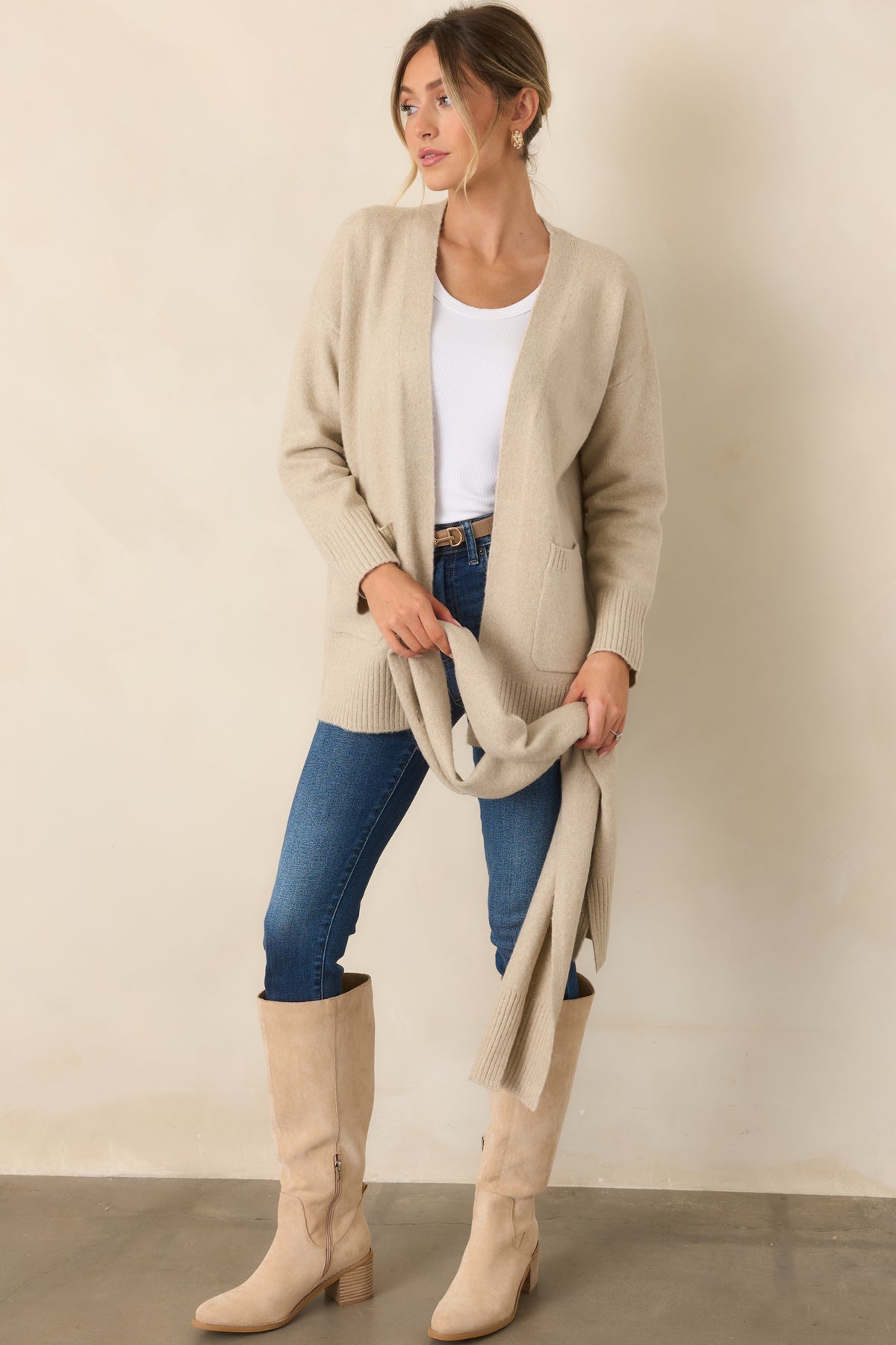 Easygoing cardigan layer with long sleeves, ribbed cuffs, and a coordinating scarf with ribbed ends.