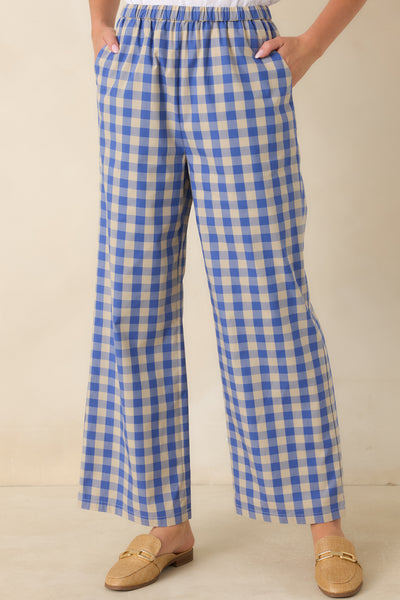 Maris Azure Blue Gingham Cotton Pants | FRNCH