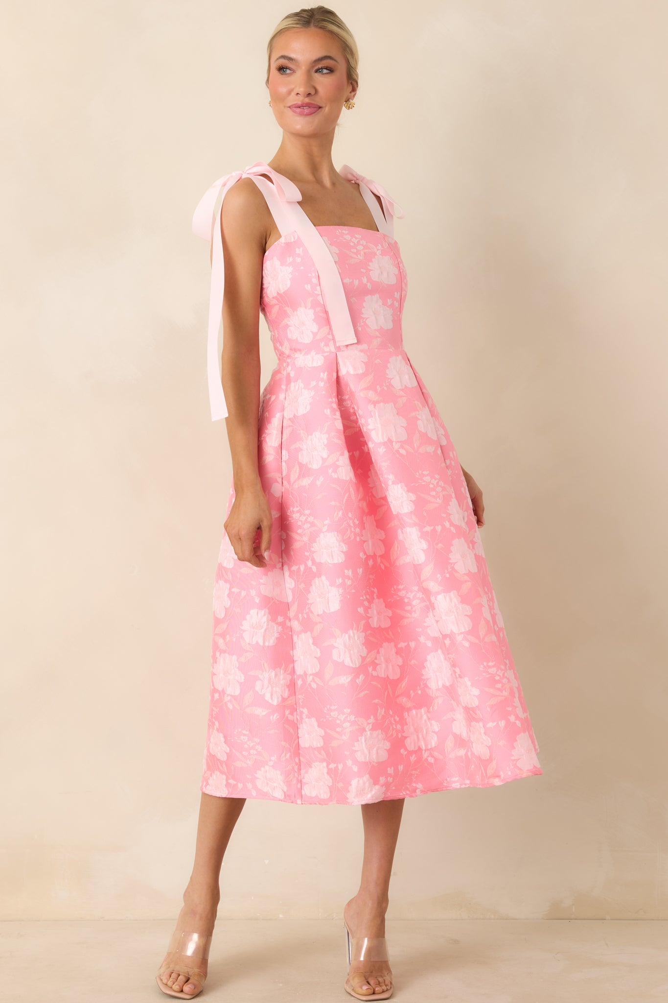 Red Dress | Pink Floral Jacquard Tie Strap Midi Dress
