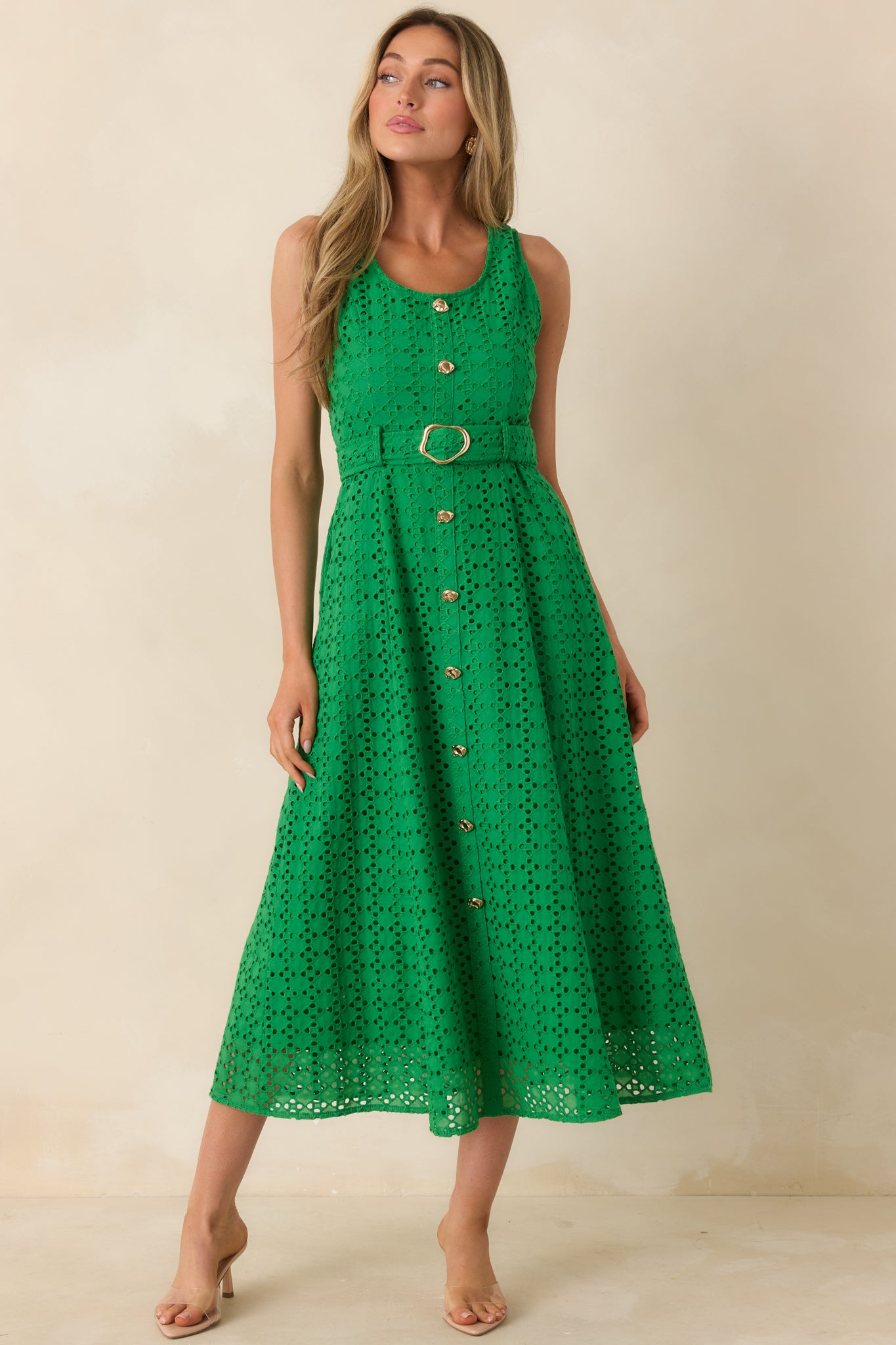Women's Garden Society Green Cotton Eyelet Sleeveless Midi Dress | Size: L | Red Dress Women's Garden Society Green Cotton Eyelet Sleeveless Midi Dress | Size: L | Red Dress