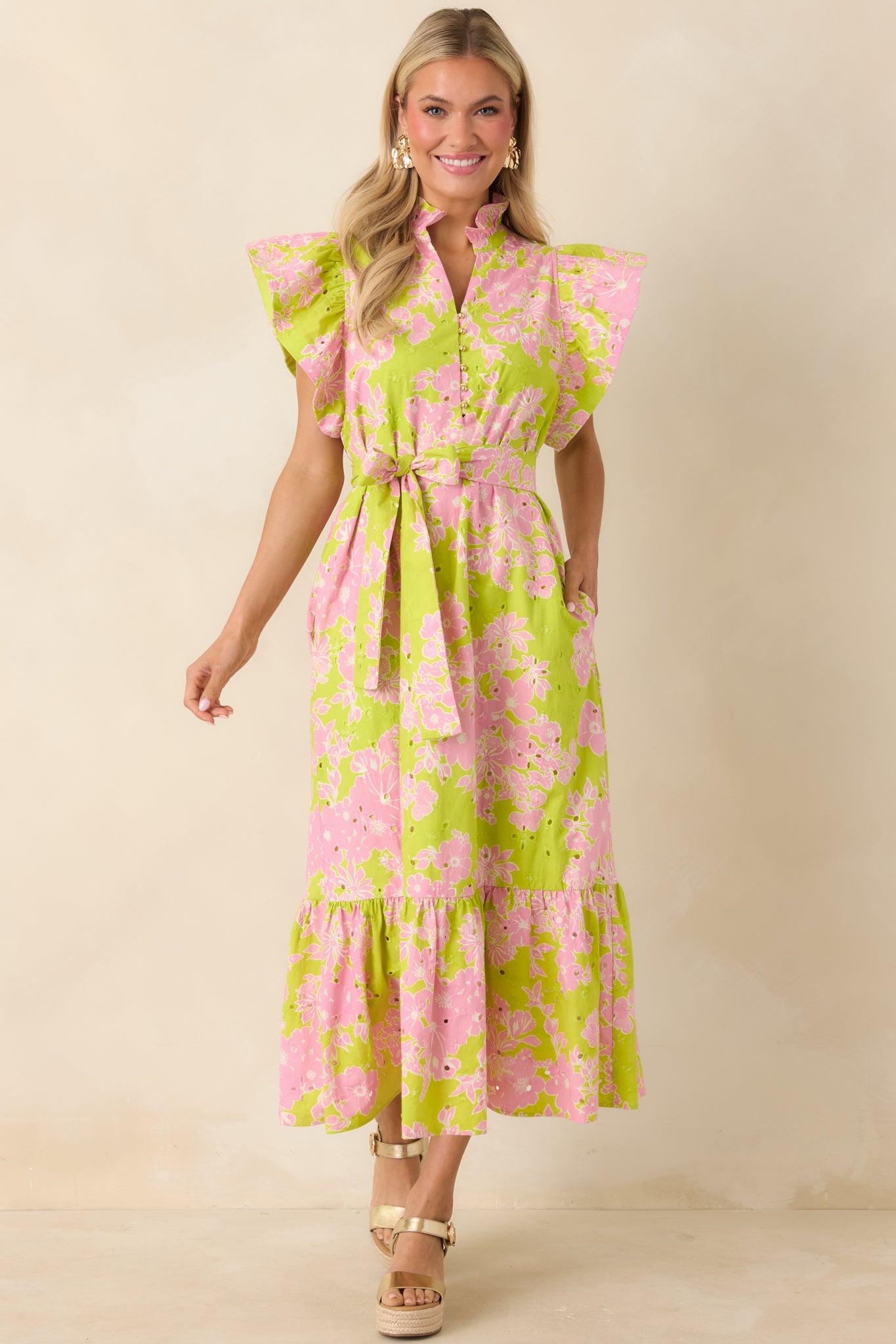 midi ruffle hem dress Women's Fresh Air Floral Chartreuse & Pink Floral Cotton Eyelet Midi Dress | Size: L