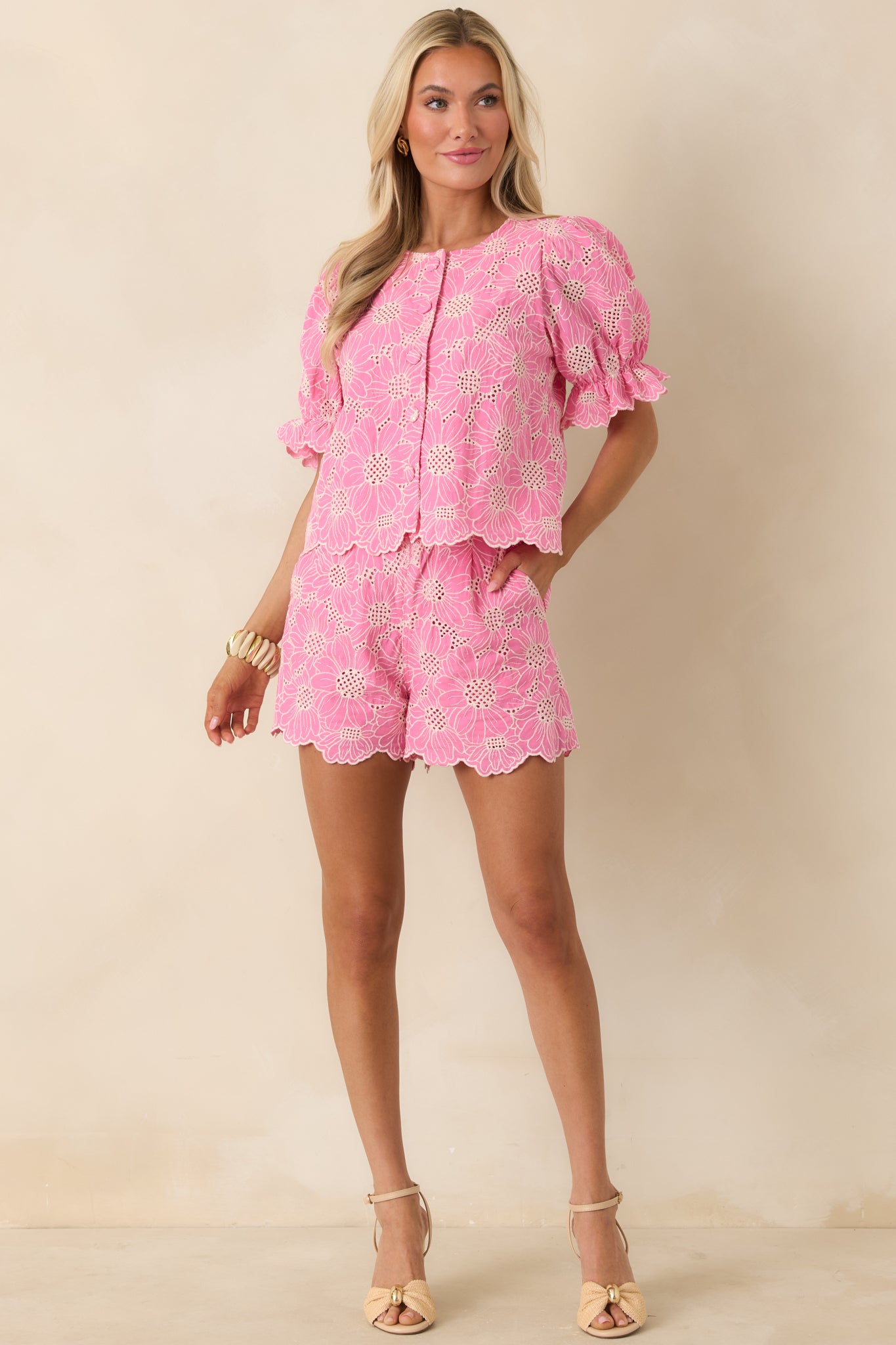 Embroidered shorts featuring textured eyelet fabric and a comfortable, easy silhouette.